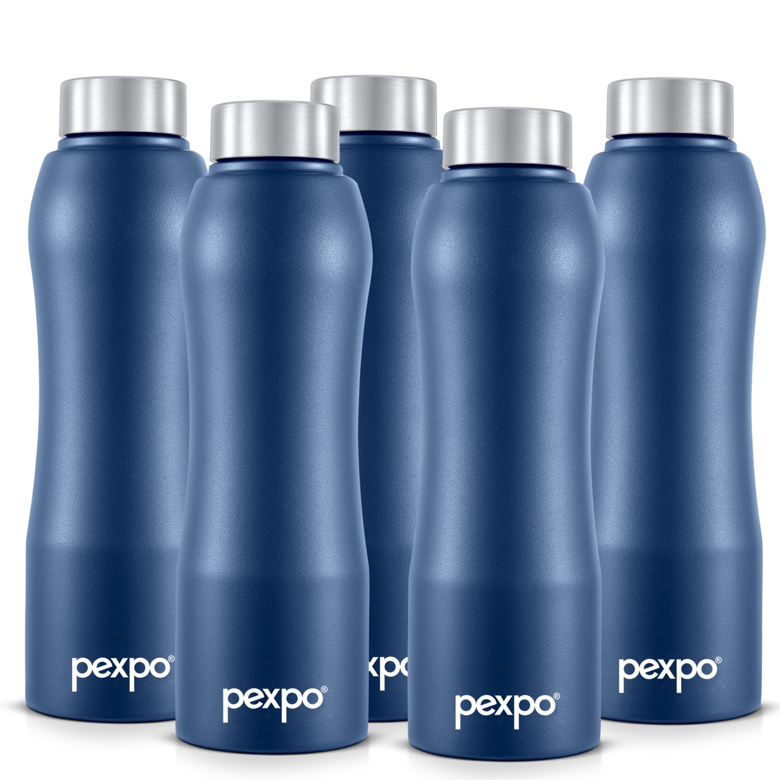 Pexpo Bistro Isi Certified Stainless Steel Fridge/Sports Water Bottle 1 Litre, Denim Blue, Pack Of 5| Single Walled|Easy Grip|Le