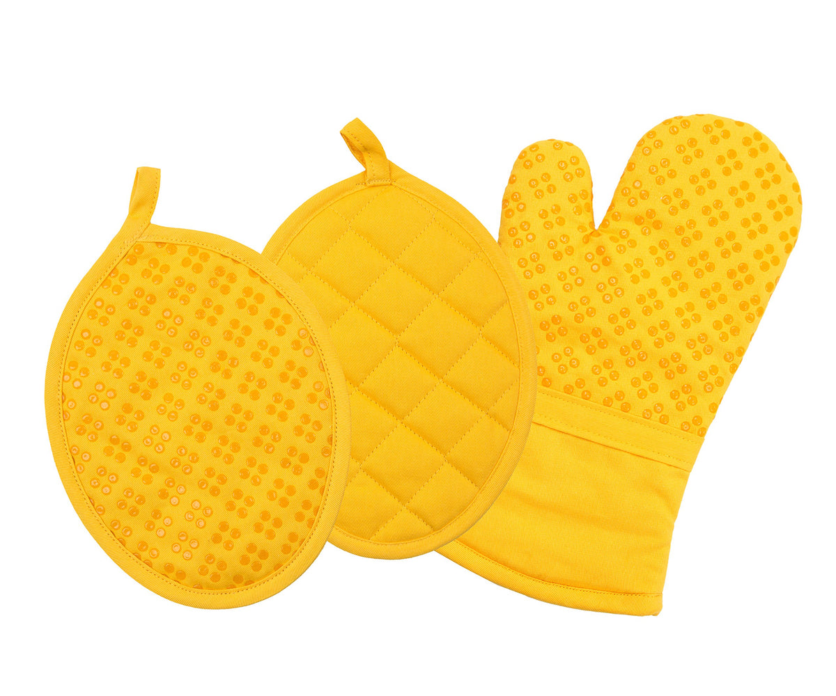 Oven Mitt And Pot Holders Silicone Set Of 3, Non-Slip Kitchen Hot Pads And Oven Mitts Set, Oeko-Tex 100% Cotton Shell, Yellow