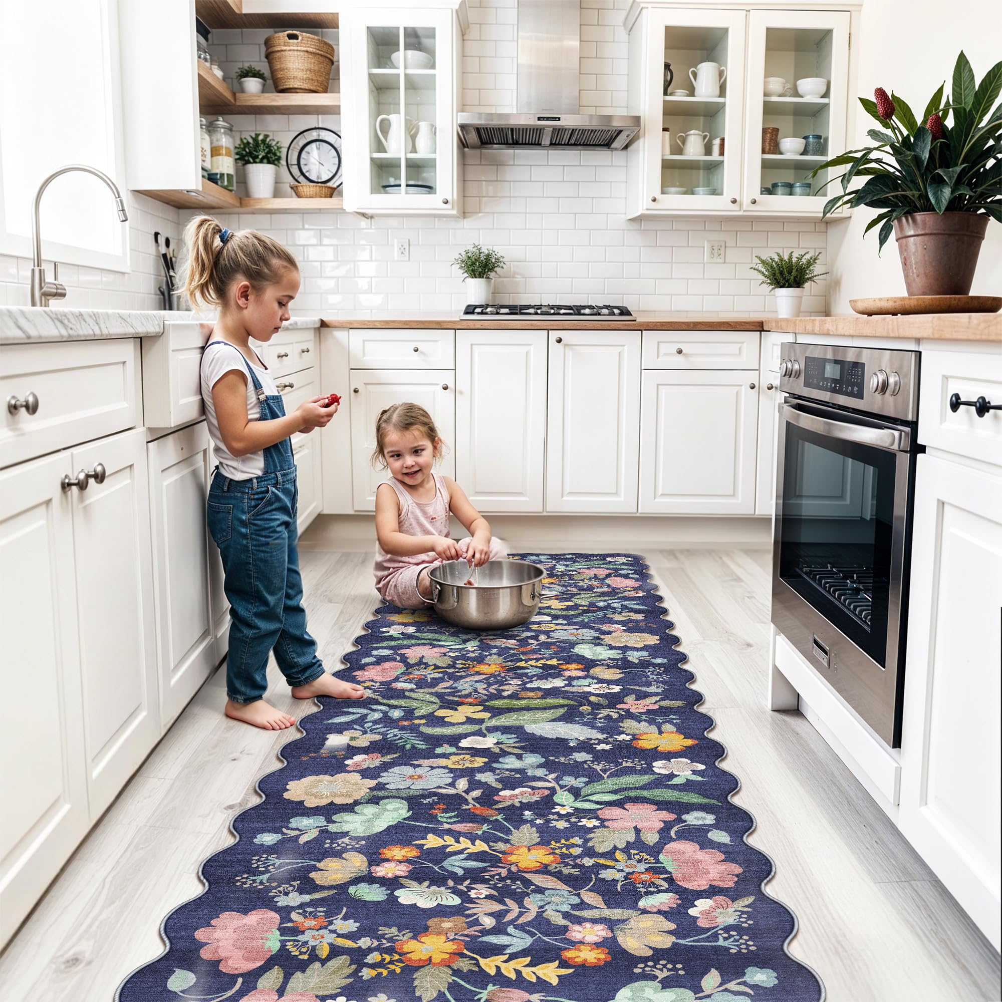 Washable Non-Slip Runner Rug 2x8: Water-Resistant Floral Kitchen Rug Indoor Low Pile Floor Mat for Living Room Bedroom Dining Ro