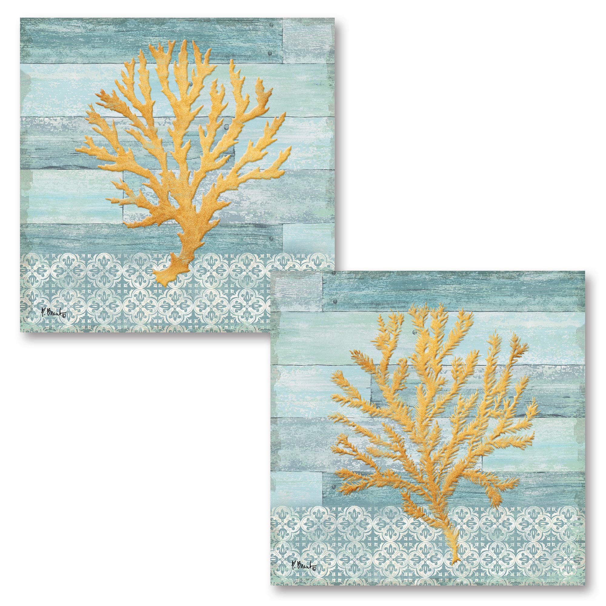 Lovely Turquoise Blue And Gold Coastal Coral Set; Two 12X12In Paper Poster Prints (Printed On Paper, Not Wood)