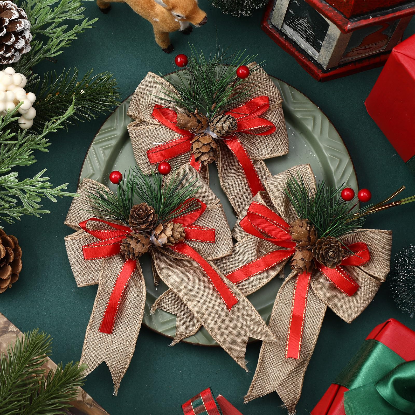 Syhood 6 Pcs Christmas Bows with Pine Cones Pine Needles Xmas Flaxen Bows Ribbon Christmas Tree Wreath Decoration for Xmas Parti