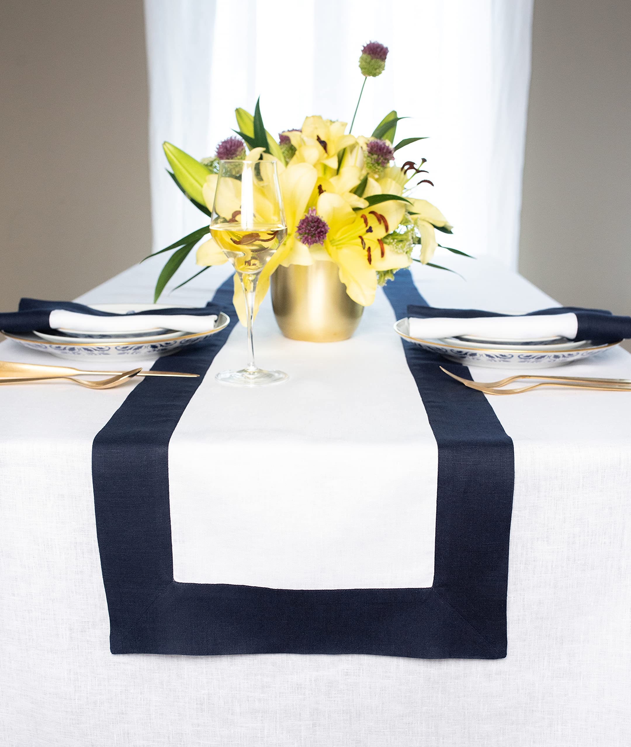 Solino Home Linen Table Runner Navy And White - 100% Pure Linen 14 X 108 Inch Table Runner For Spring, Summer, Memorial Day - Ha