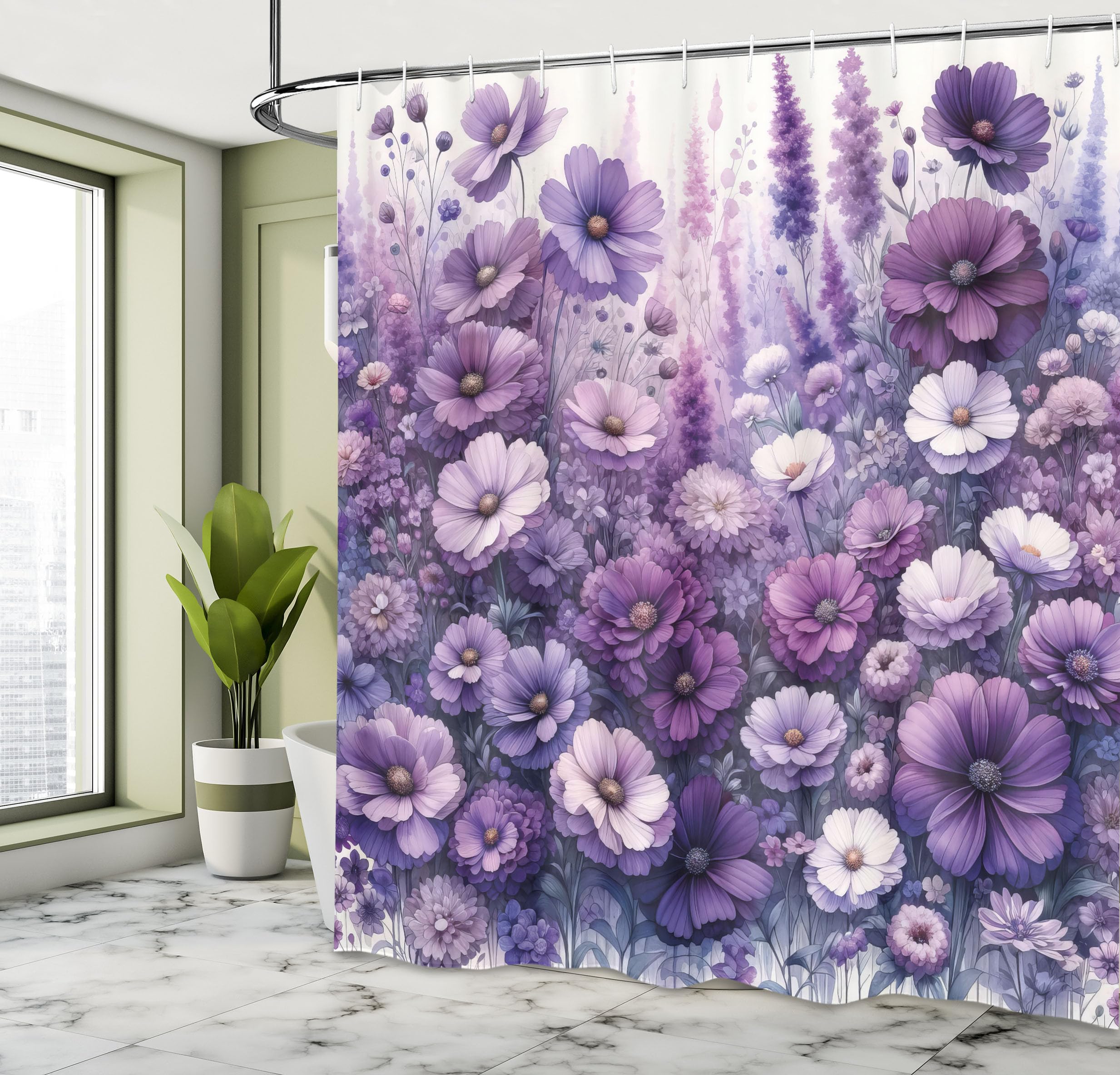 Ambesonne Purple Shower Curtain, Picturesque Cottagecore Style Flowers Meadow Monochromatic Pastel Tones, Cloth Fabric Bathroom