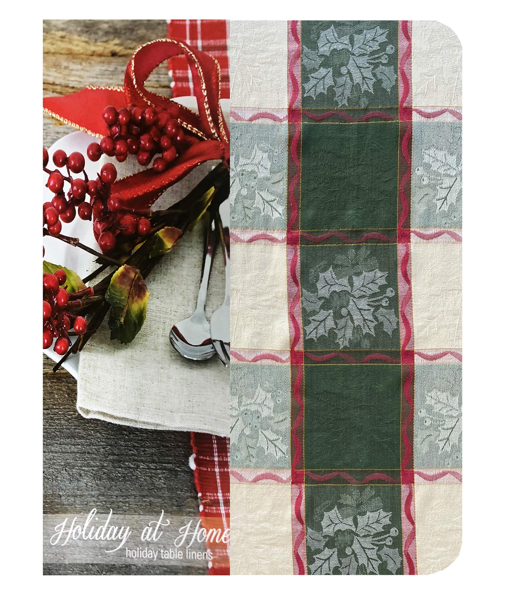Lintex Golden Mistletoe And Ribbon Cotton Jacquard Christmas Fabric Tablecloth, Evergreen, Red Ribbon And Berry Woven Holiday An