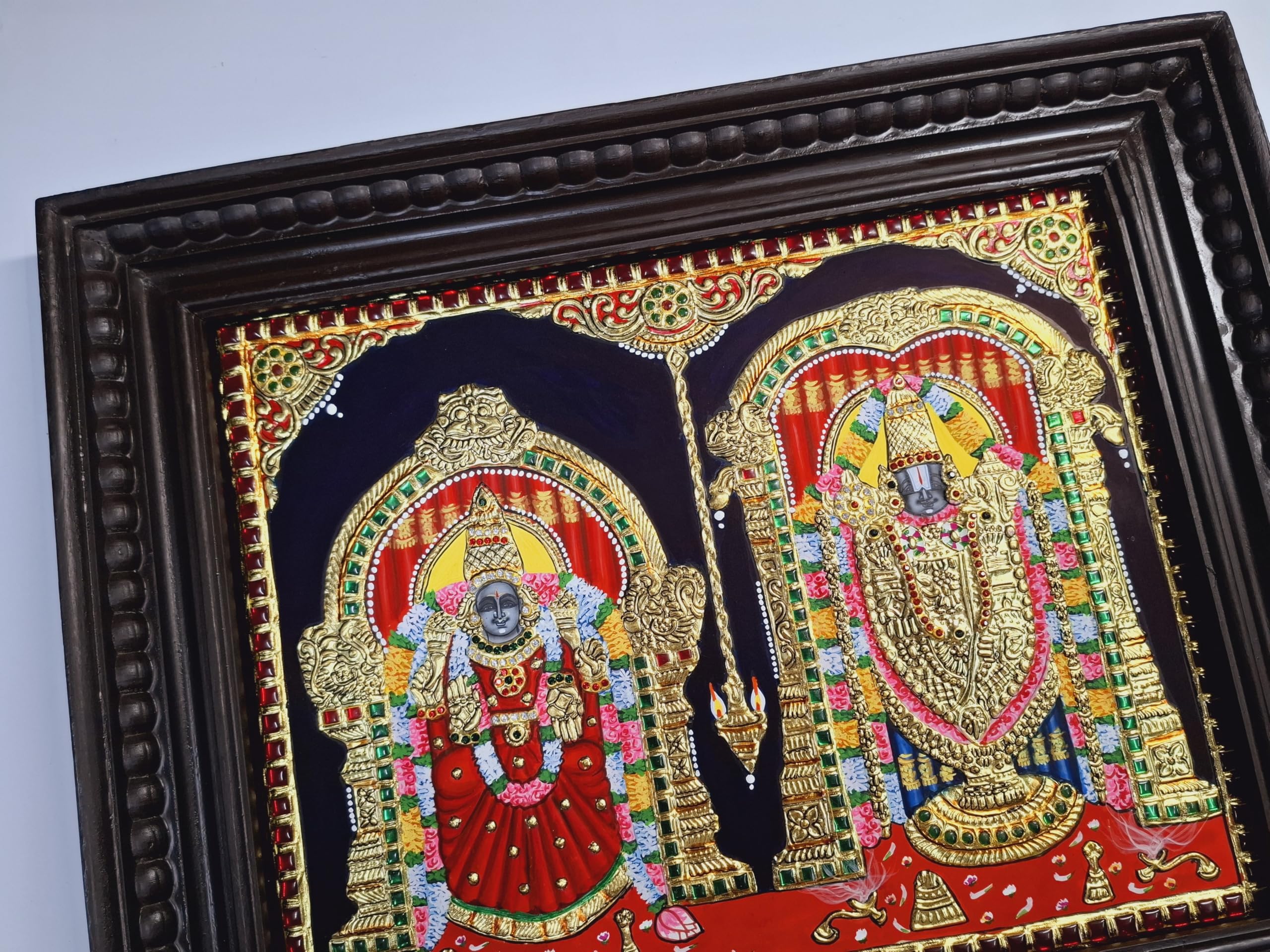 Jline Arts Wood Wall Hanging, Tanjore Painting Balaji Padmavathi, Multi-Color, Hand Painted, 22C Gold Foils Work, Teakwood Frame