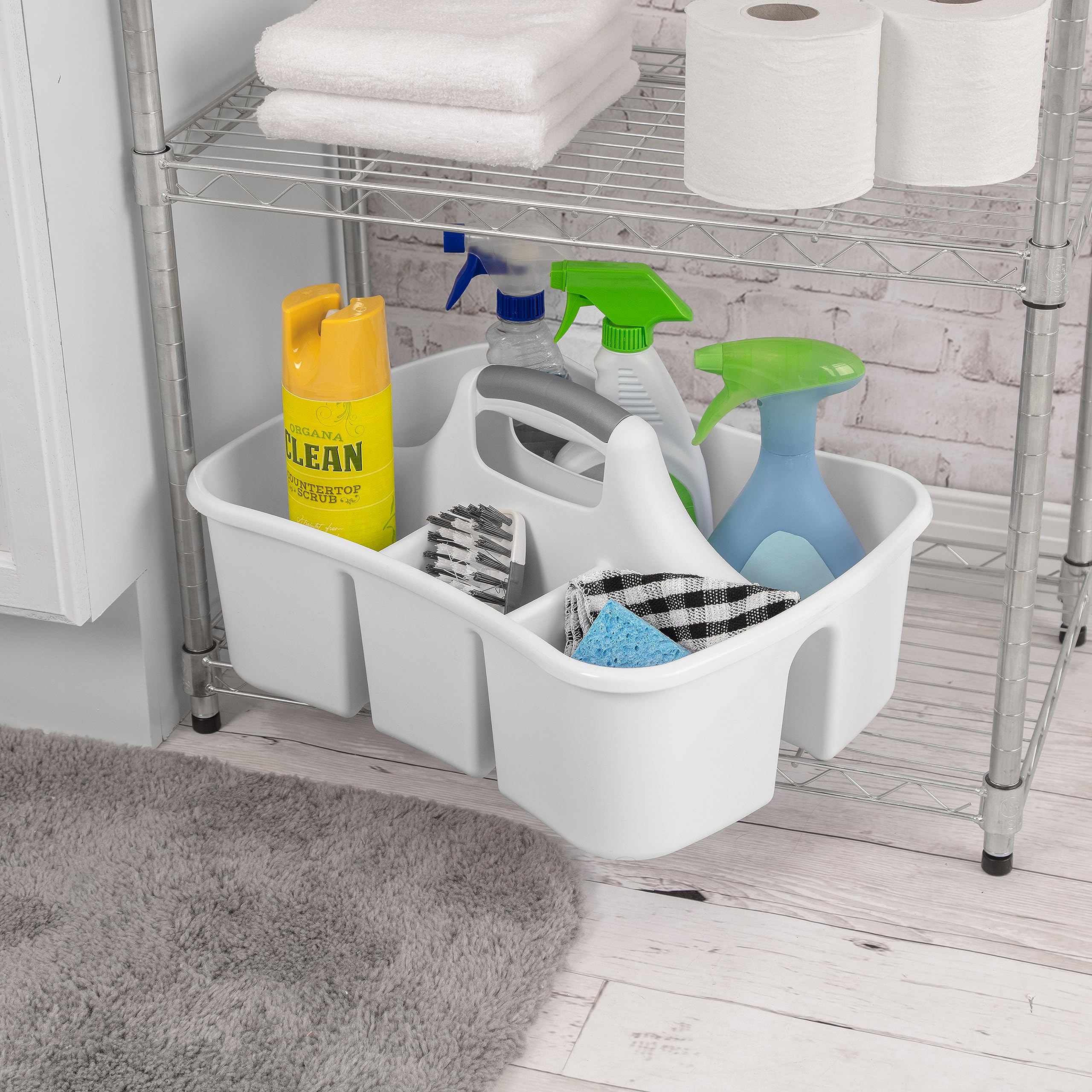 Sterilite Divided Ultra Caddy, Plastic, Portable Storage To Hold Bathroom And Cleaning Supplies, 5 Large Compartments And Handle