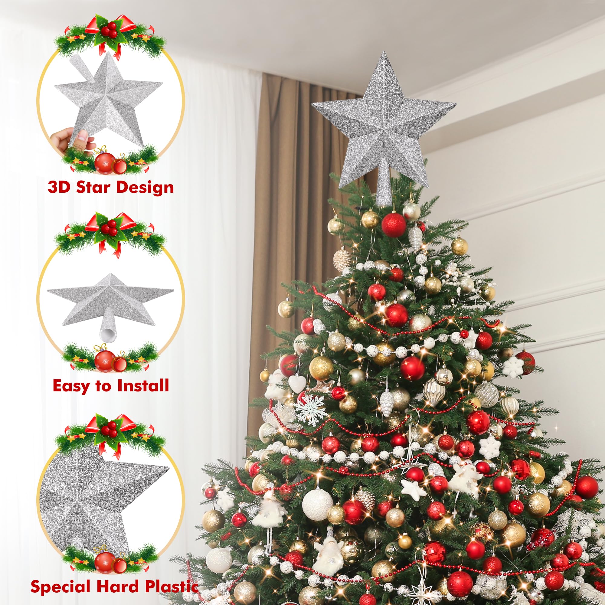 Christmas Tree Decoration, 10 Silver Christmas Tree Topper with Glitter, Large Bethlehem Star Xmas Tree Topper Decor, Waterproof