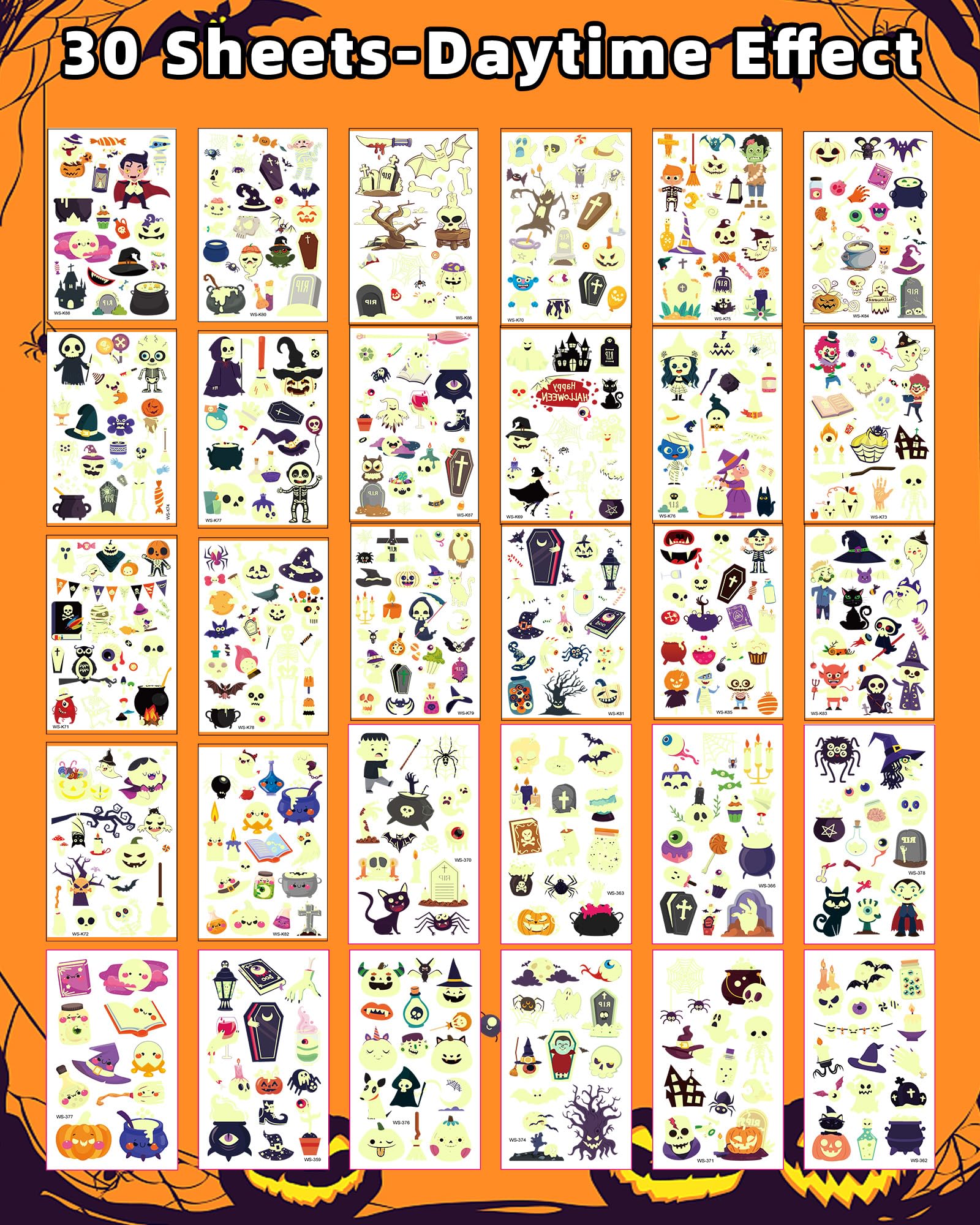 Greingways 500 Styles Halloween Tattoos Party Favors For Kids, Luminous Temporary Tattoos Stickers, Halloween Goodie Bag Fillers
