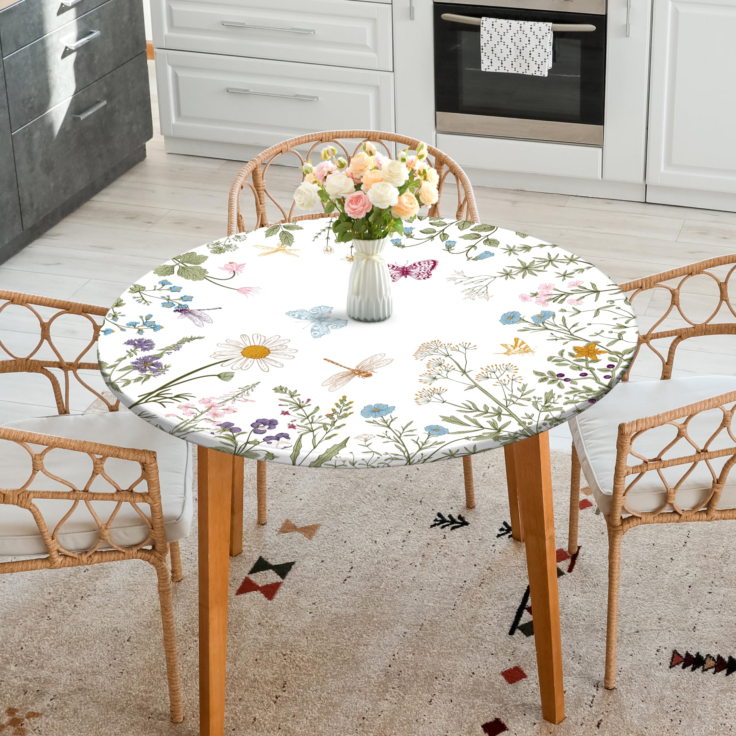 Spring Flower Round Fitted Tablecloth With Elastic Edge Wipeable Round Table Cloth Waterproof Reusable Outdoor Round Table Cover