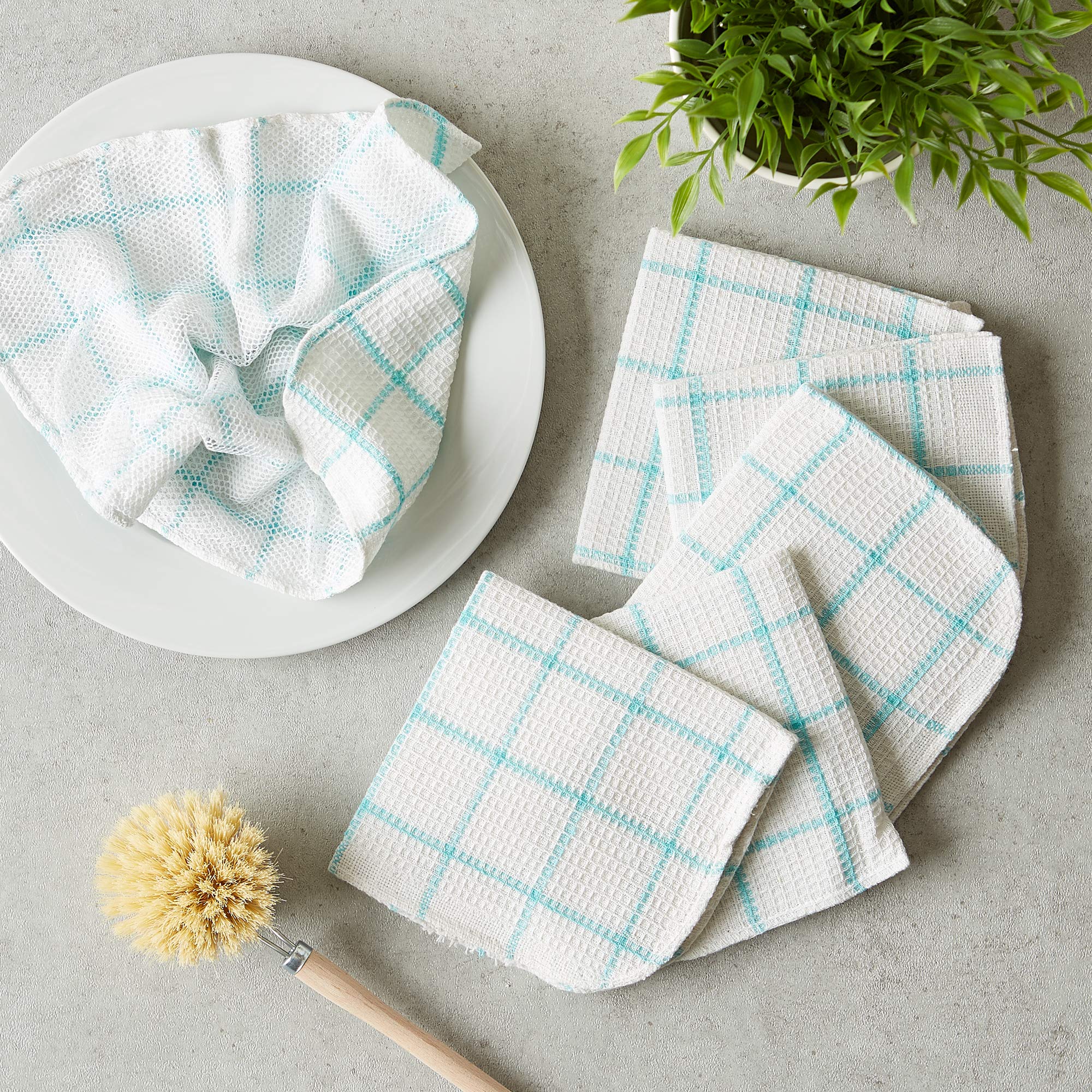 Dii Scrubber Dishcloths Collection Windowpane Dishrag Set, 12X12, White/Aqua Stripe, 6 Piece