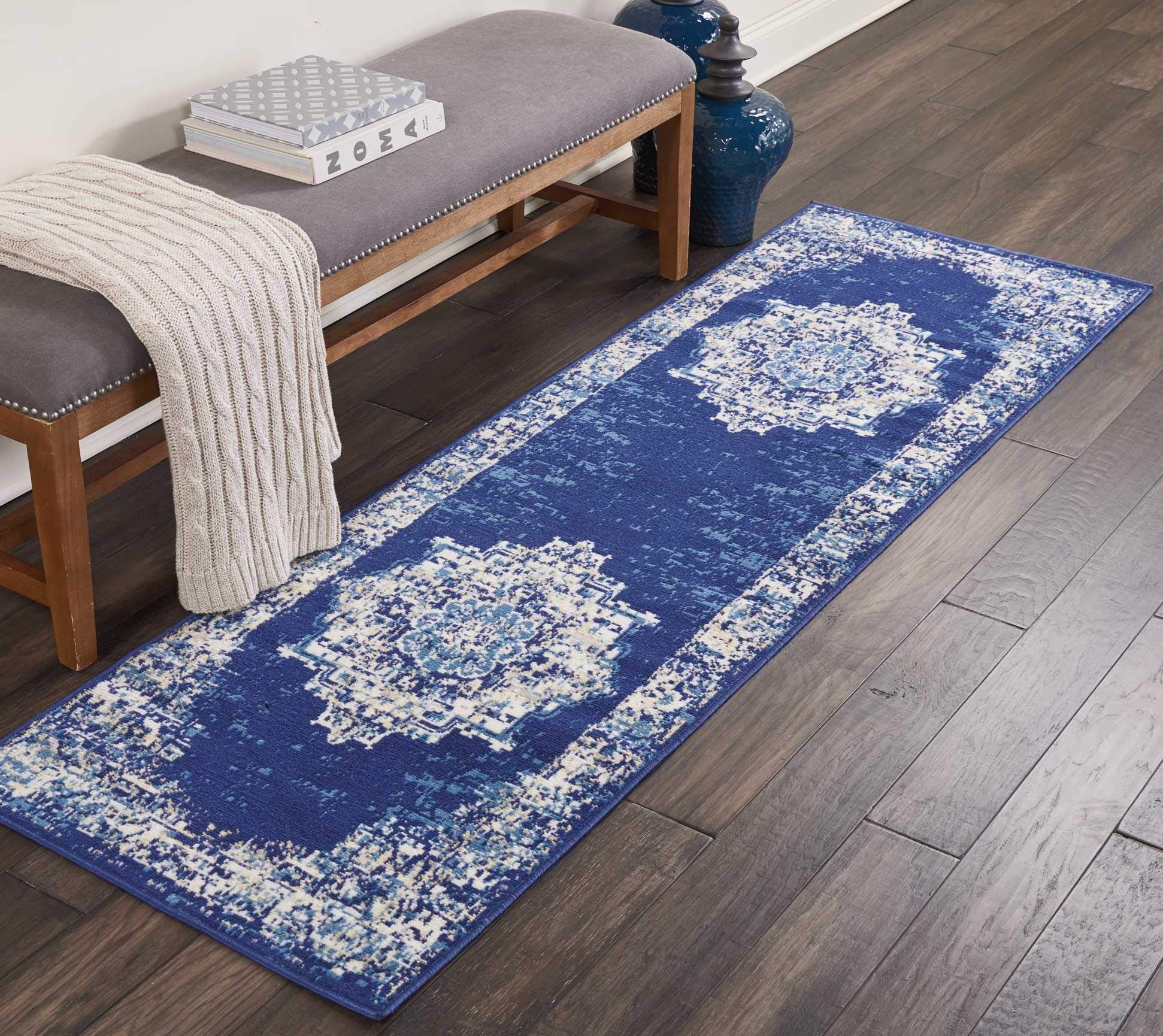 Nourison Grafix Navy Blue 23 x 76 Traditional Area-Rug, Modern, Easy-Cleaning, Non Shedding, Bed Room, Living Room, Dining