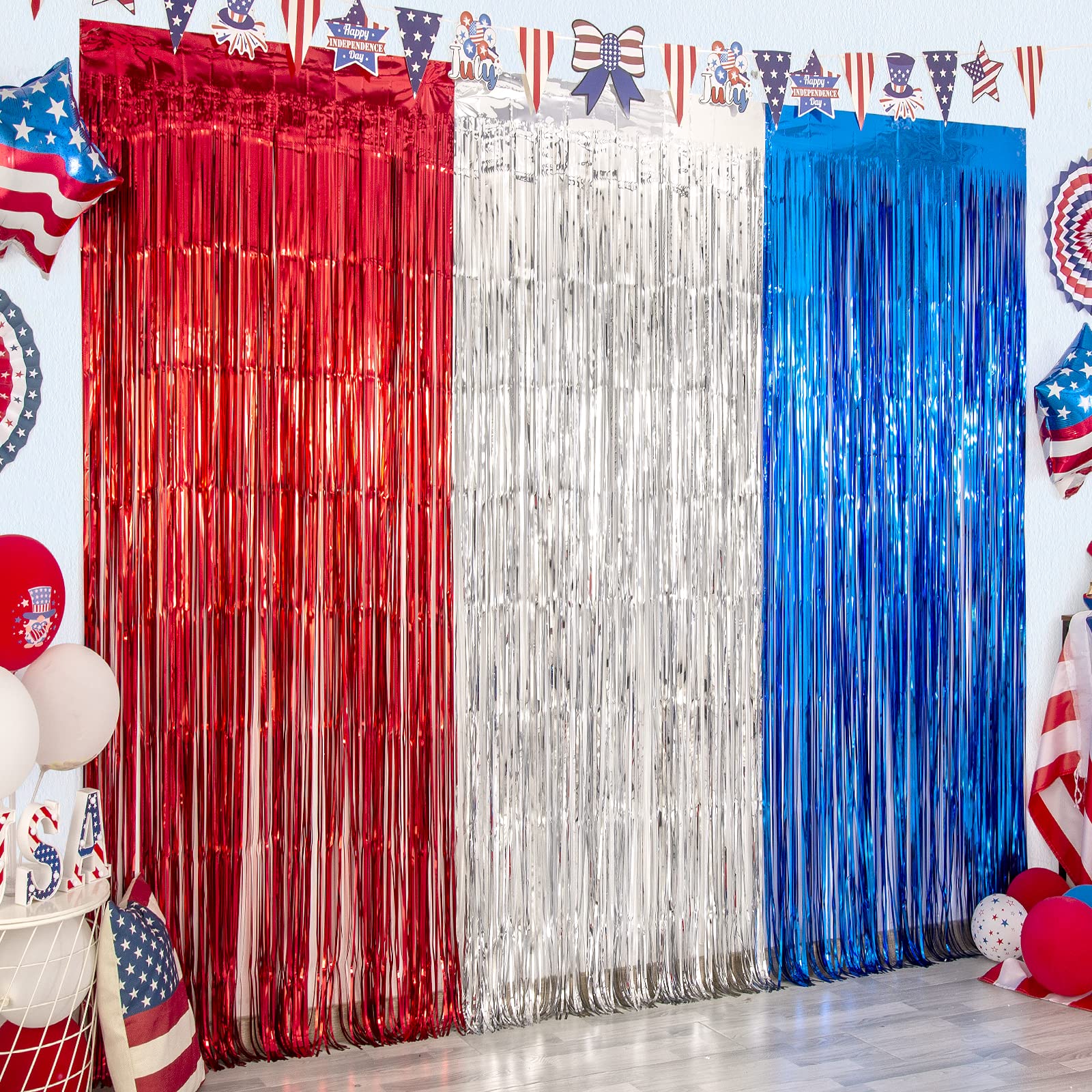 Lolstar 4Th Of July Decorations,Red White Blue 3 Pack America Tinsel Foil Fringe Curtains,4Th Of July Photo Booth Prop Streamer