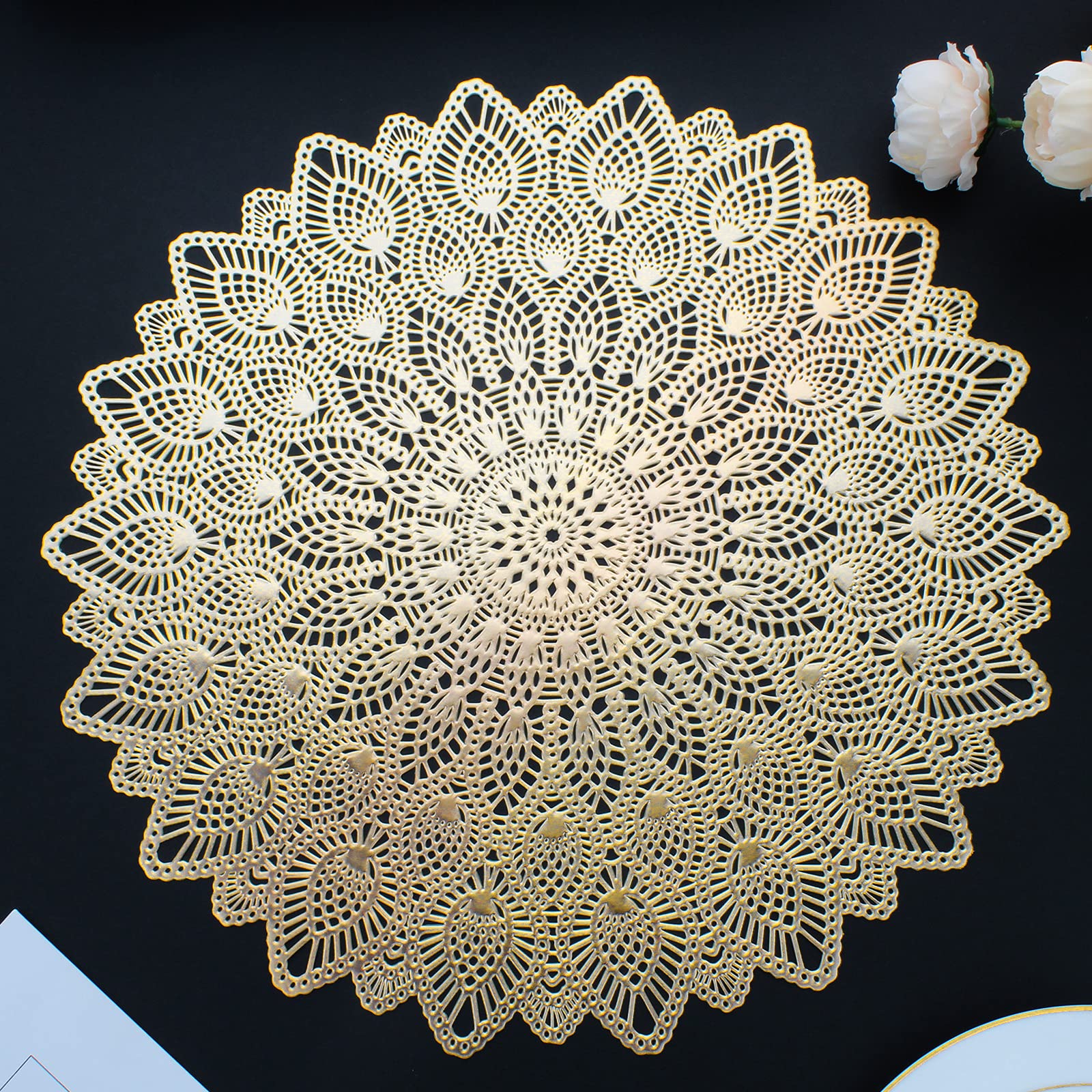 Mabbcoo Gold Round Placemats, Hollow Out Washable And Wipeable Place Mats, Pressed Vinyl Table Mats Set Of 6 For Anniversary Din