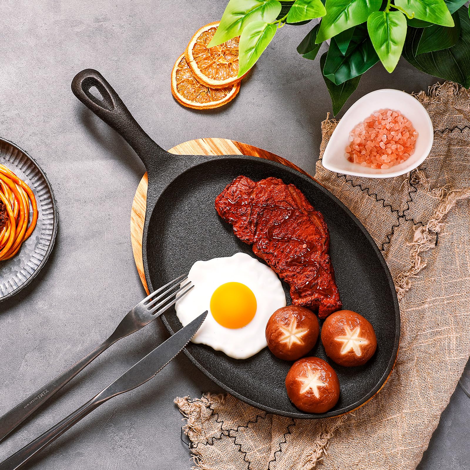 Lallisa 2 Sets Cast Iron Fajita Plate Set Fajita Plate Sizzler Pan With Wooden Tray Anti Scald Protection Hot Mitt Cast Iron Ski