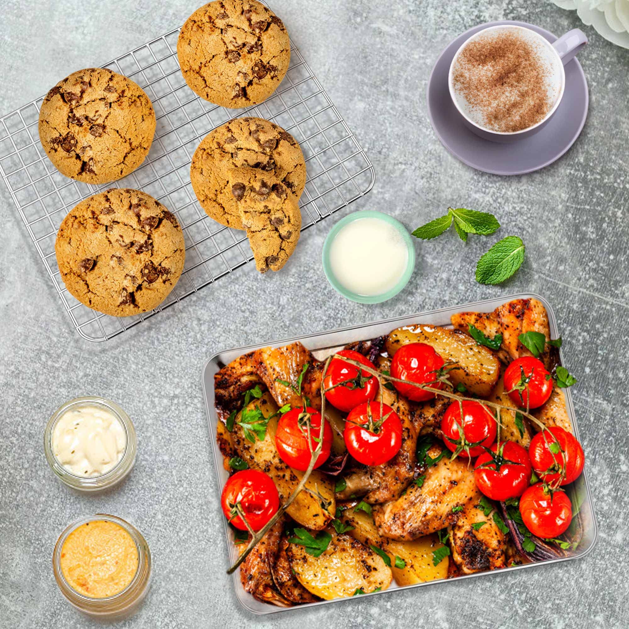 9 Inch Mini Toaster Oven Pan With Rack Set, P&P Chef Stainless Steel Small Baking Pan Tray And Grid Cooling Rack For Cooking/Roa