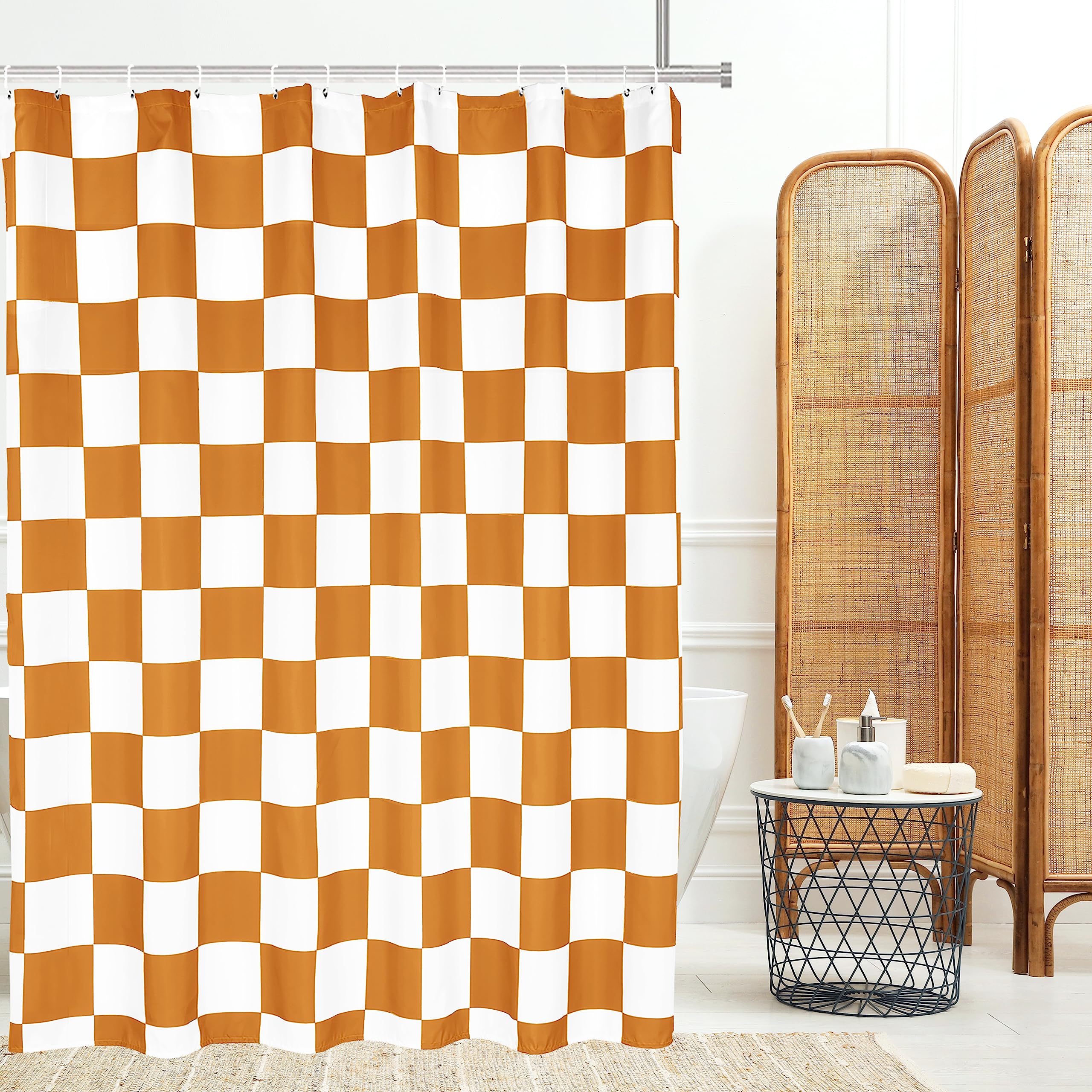 Tititex Aesthetic Checkerboard Grid Pattern Shower Curtain, White Orange Vibrant Modern Shower Curtain Sets Decoration 71X71 Inc