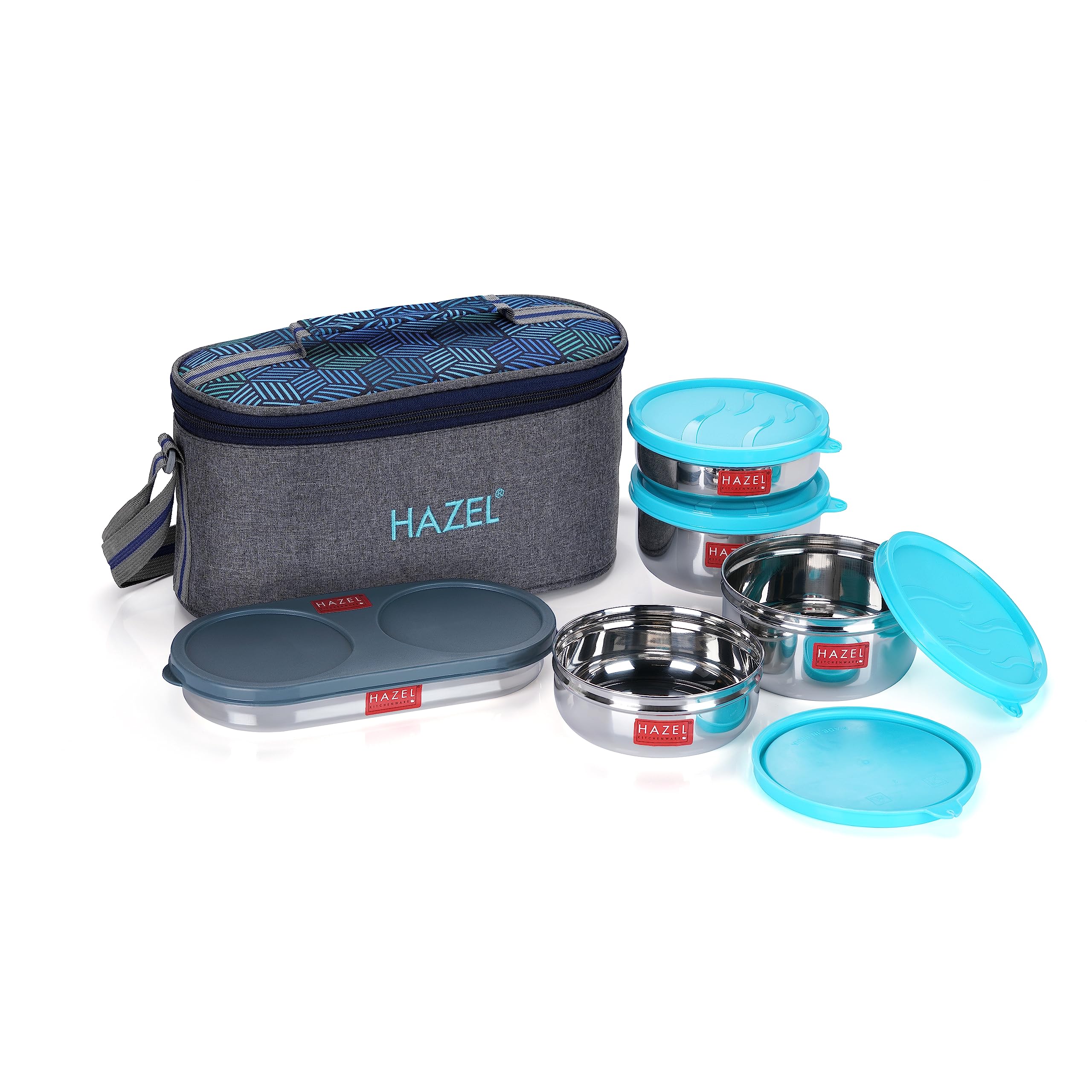 Hazel Lunch Box For Office Men & Women With Lunch Bag | Tiffin Set Of 5 Air Tight Steel Box (2 Pc - 450 Ml, 2 Pc -300 Ml & 1 Rot