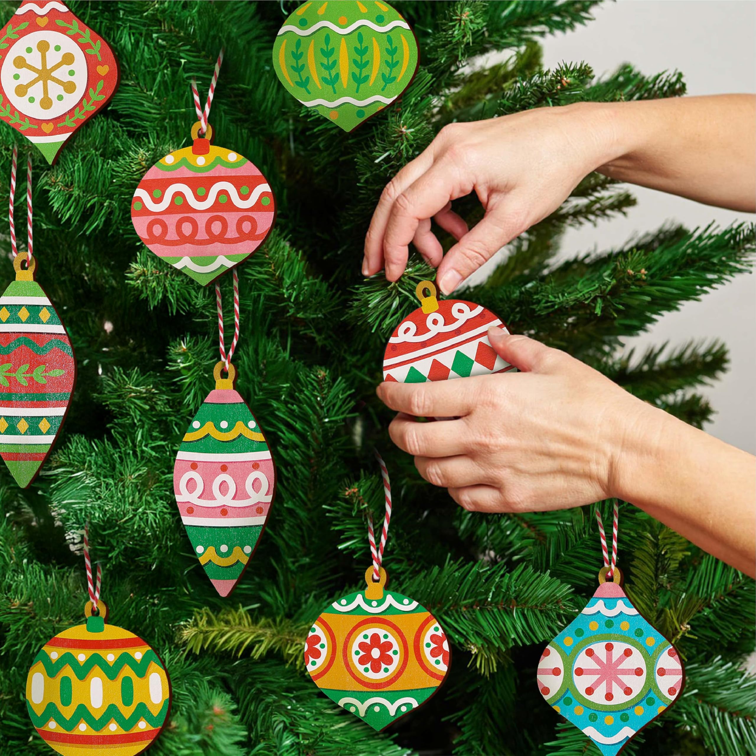 24 PCS Wooden Christmas Ornaments, 12 Styles Printed Christmas Tree Hanging Ornaments with Strings, Holiday Party Favors, Gift T