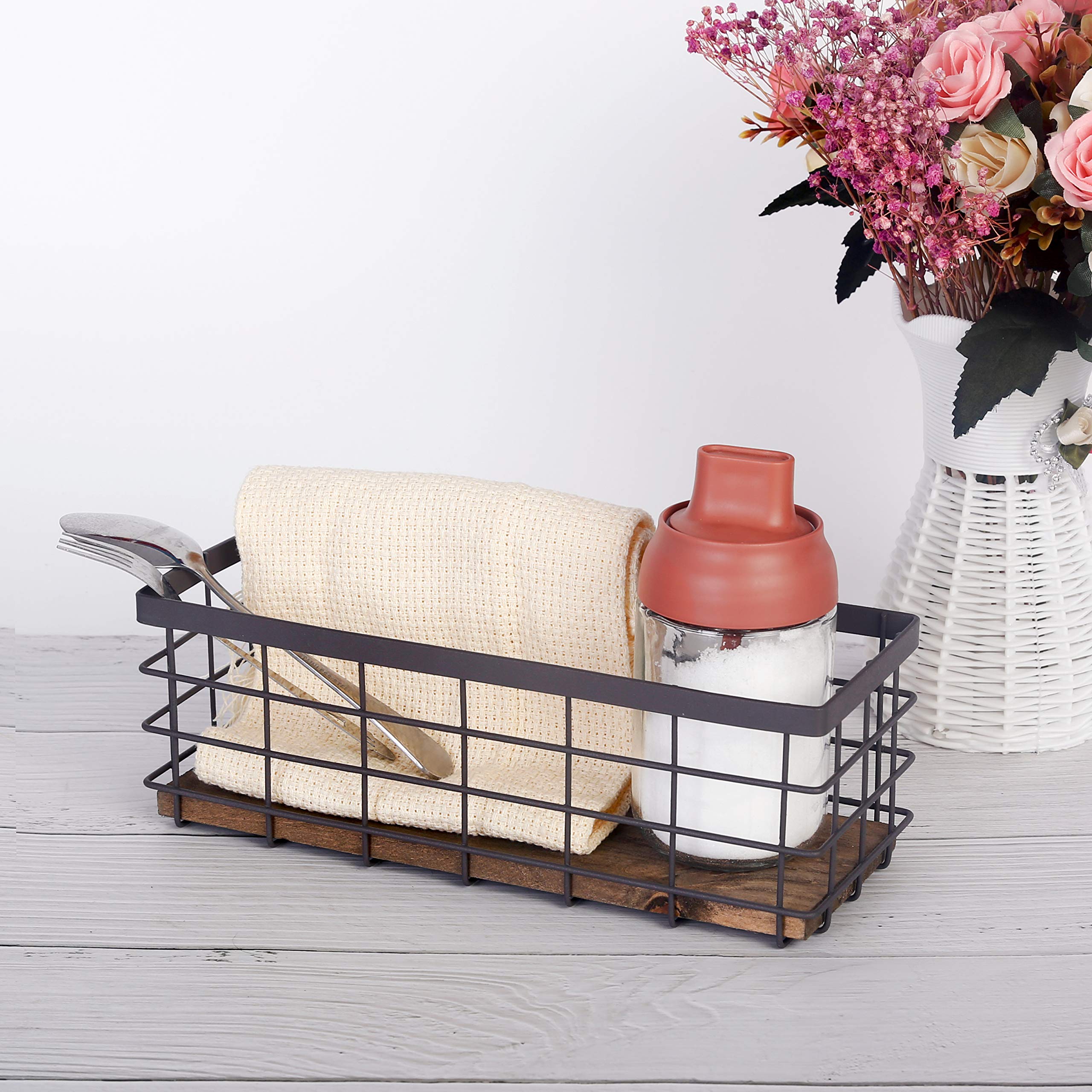 Tieyipin Small Metal Wire Storage Basket, Detachable Wood Base Storage Organizer Bin Basket For Kitchen Cabinets, Bathroom, Pant
