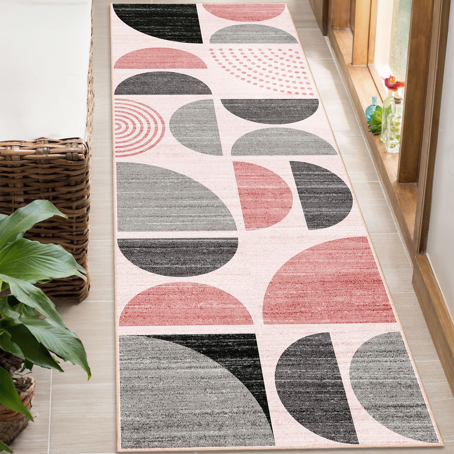 MUJOO Pink Runner Rug Washable,Boho 2x6 Area Rugs for Hallways Kitchen Bathroom Bedroom Entryway,Non Slip Carpet Long Mat Indoor