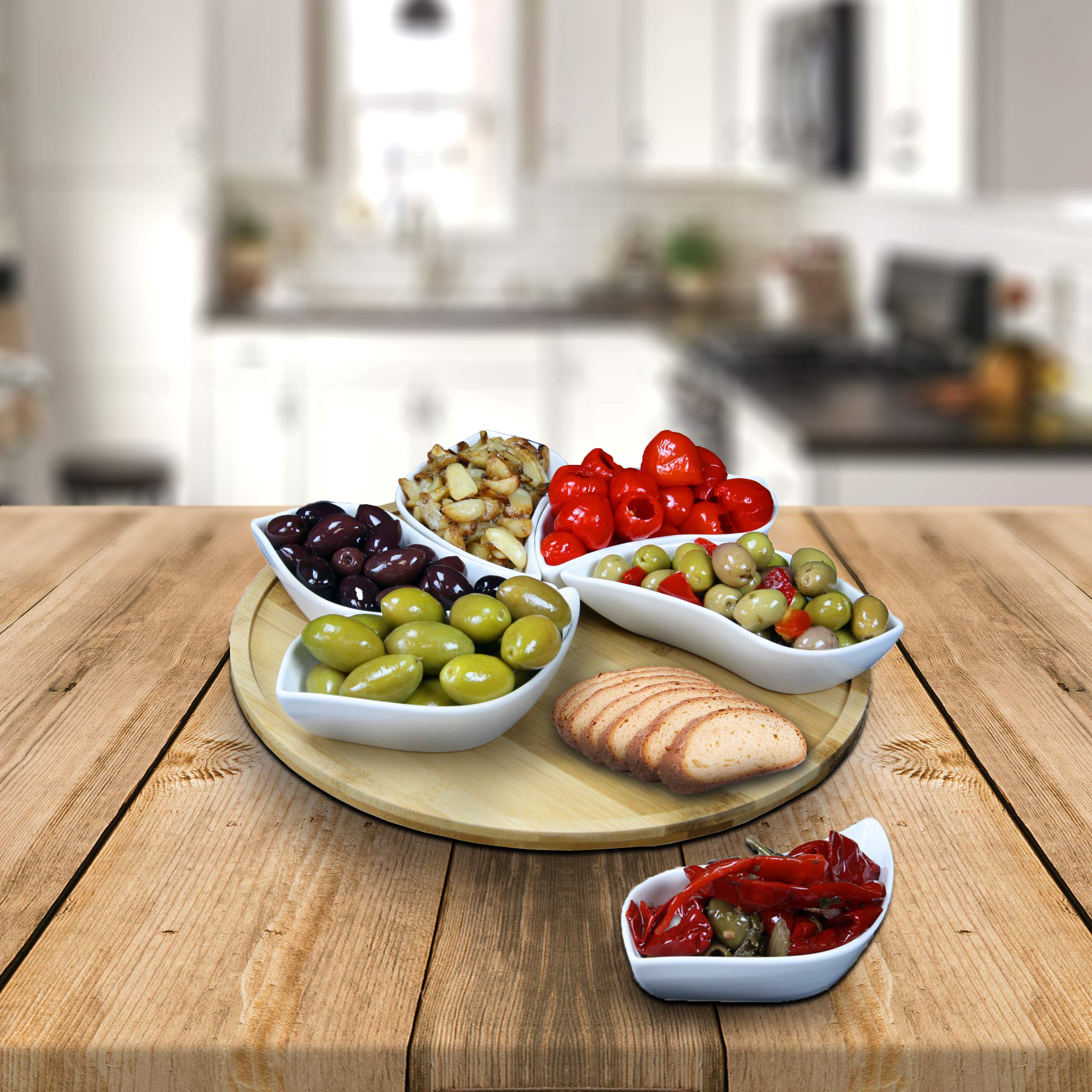Elama Signature 7 Piece Modern Lazy Susan Appetizer And Condiment Server Set With 6 Unique Design Serving Dishes And A Bamboo La