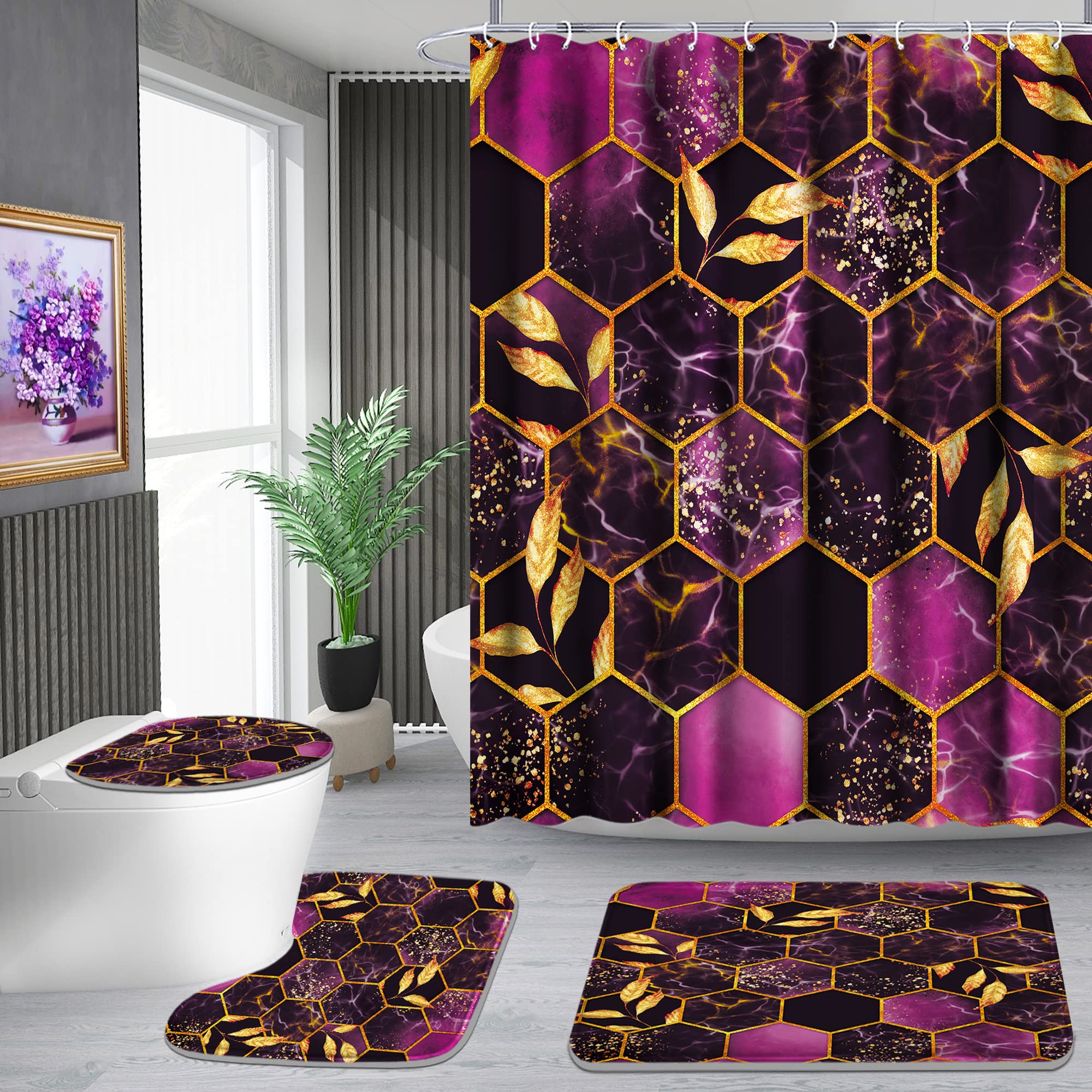 Poedist 4 Pcs Bathroom Shower Curtain Set,Purple Honeycomb Marble Bathroom Sets With Rugs(Bath Mat,U Shape And Toilet Lid Cover