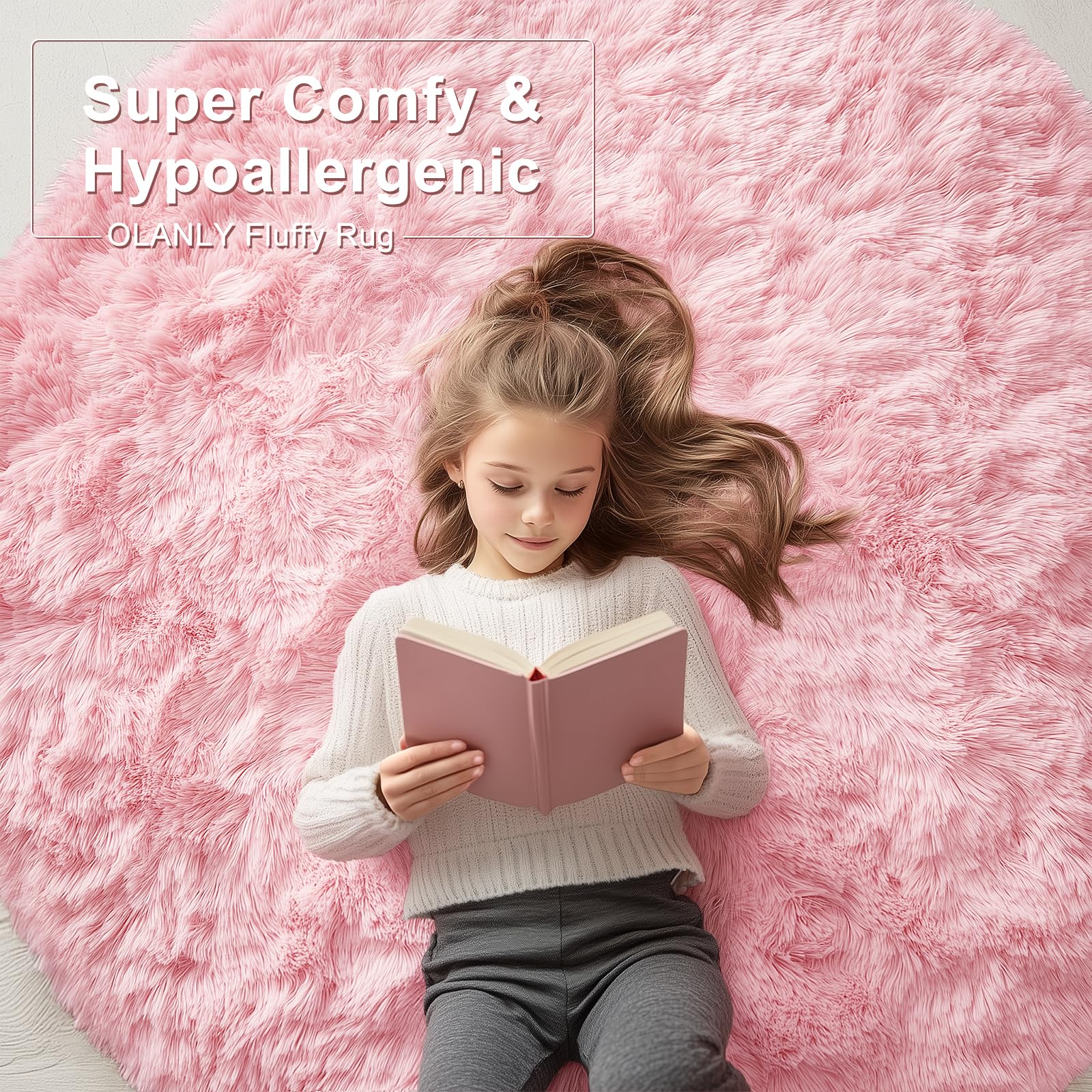 OLANLY Pink Round Rugs for Bedroom - Machine Washable, 2 ft Circle Area Rugs for Living Room, Soft and Fluffy Shaggy Carpet for