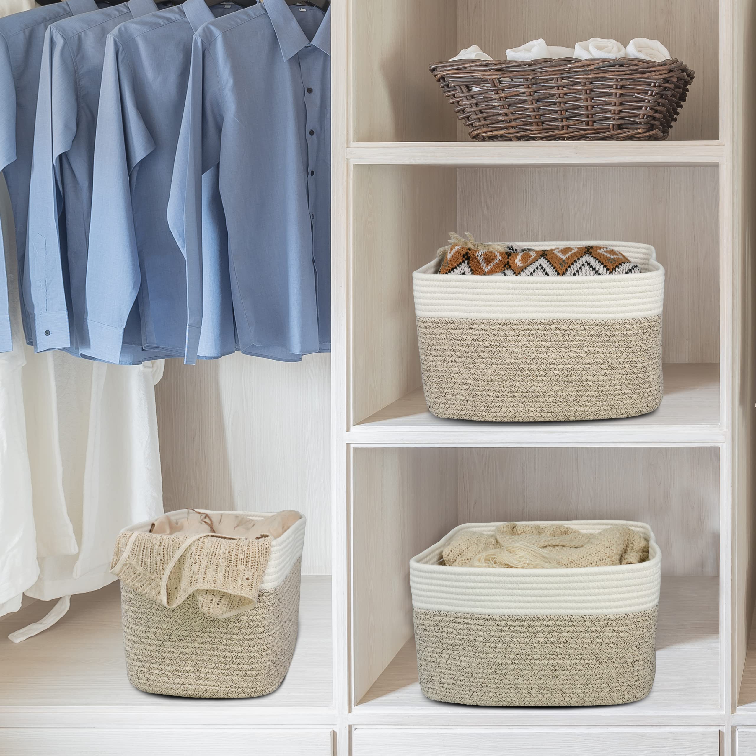 Cotton Rope Storage Basket Bins Woven Basket For Organizing Shelves Rectangle Decorative Baskets For Storage Clothes Toys Books
