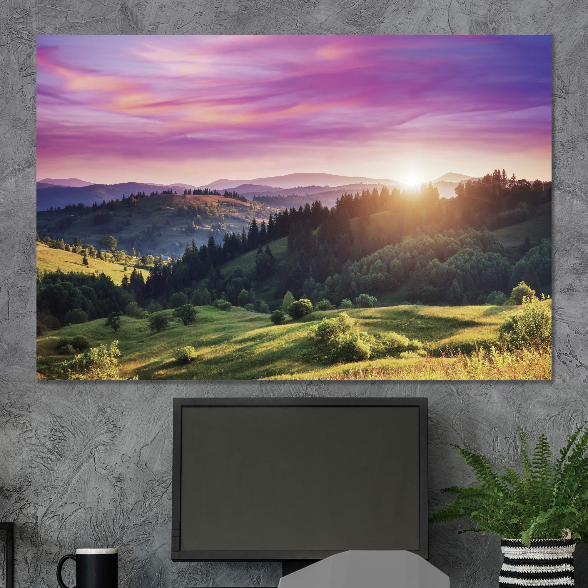 Signwin Canvas Wall Art Sunrise Over Green Yellow Valleys Forest In Pink And Purple Sky Landscape Wilderness Realism Modern Pano