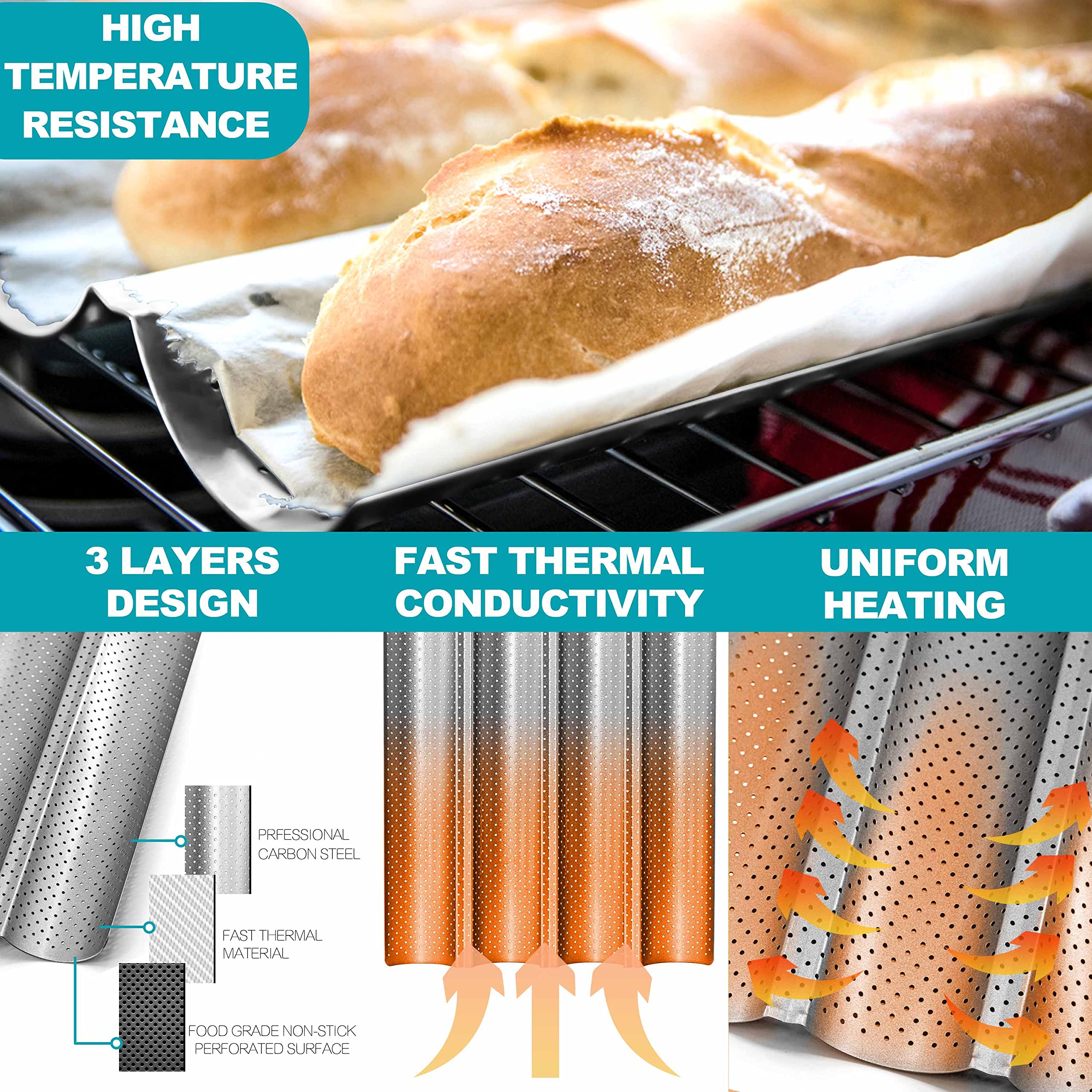 Anaeat Nonstick French Baguette Bread Pan With Thick Professional Proofing Cloth Dough Couche - Long Sourdough Bread Baking Pan