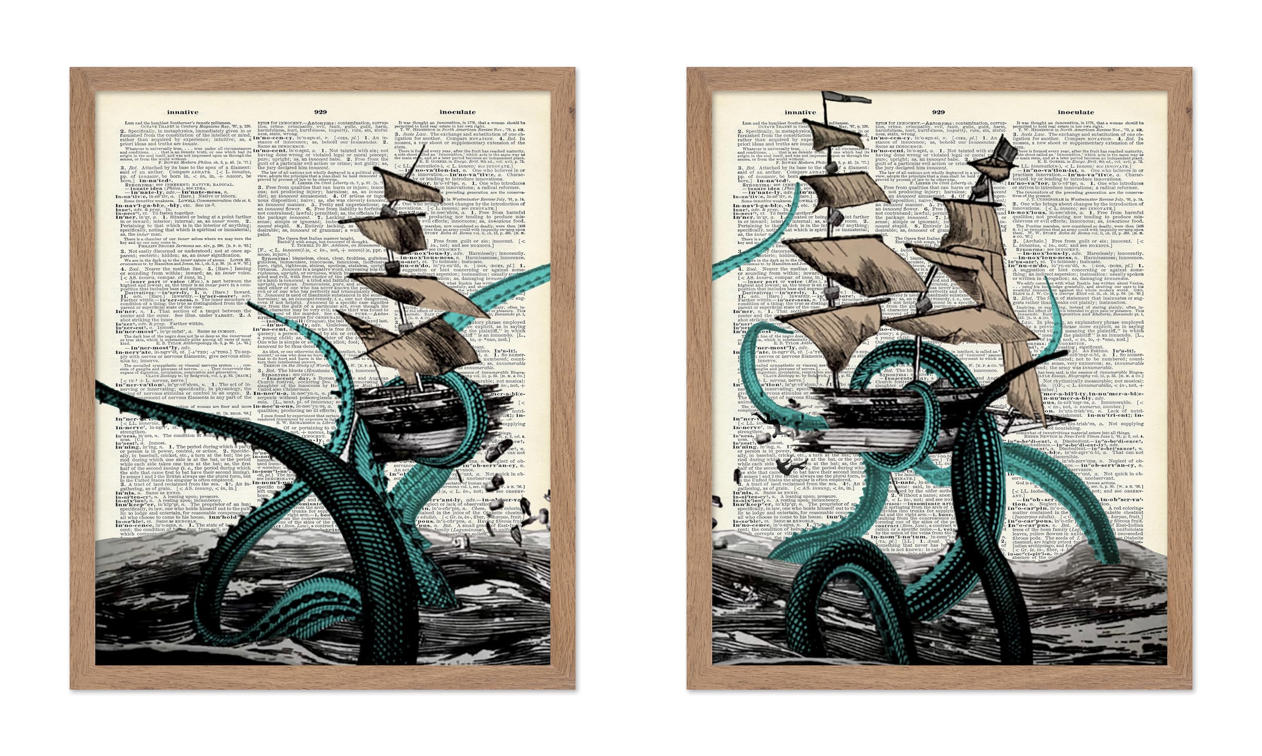 Poster Master 2-Piece Dictionary Art Poster - Giant Octopus and Broken Ship Print - Tentacle Art - Kraken Art - Gift for Men, Wo