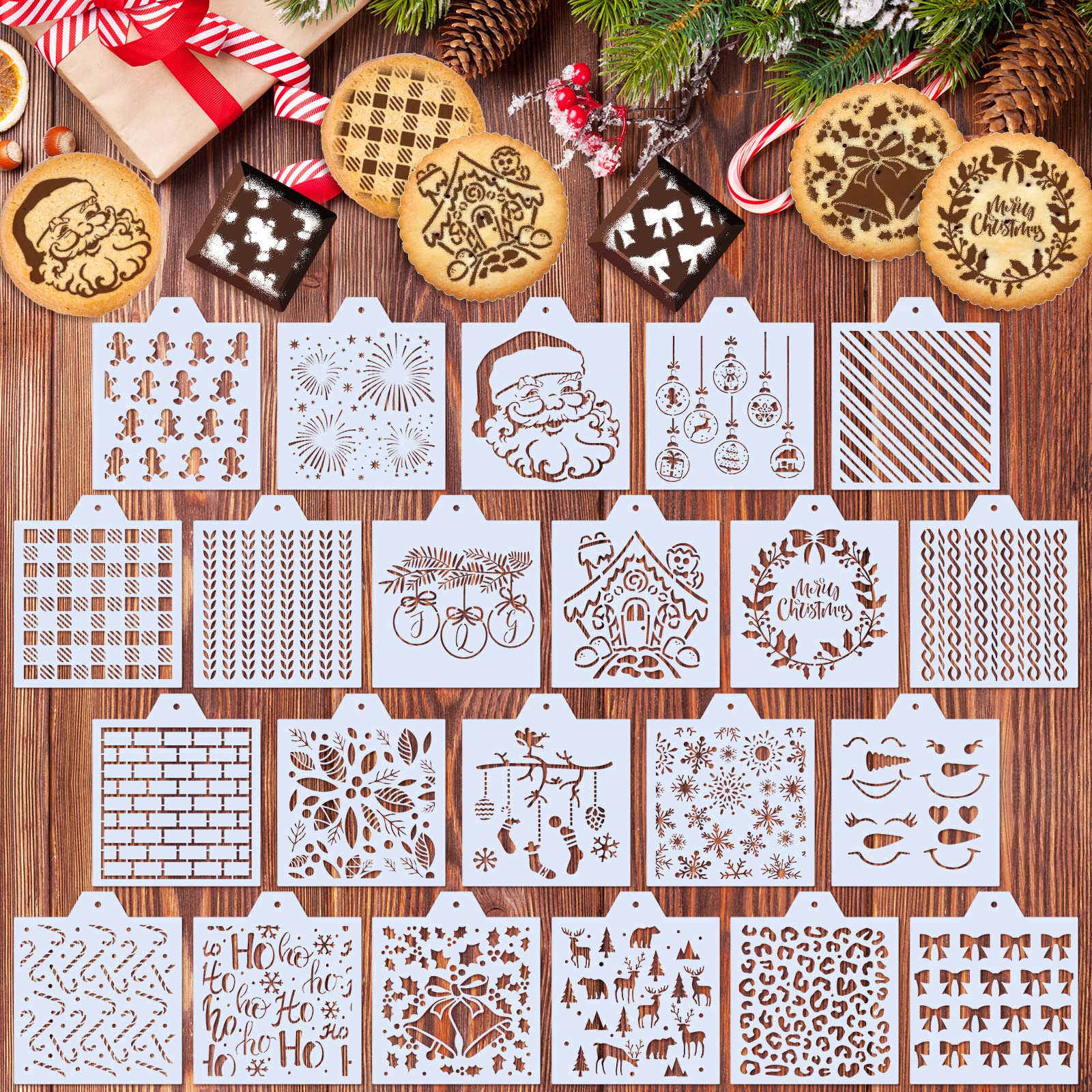 Whaline 22Pcs Christmas Cookie Stencils Snowflake Santa Candy Canes Flowers Gingerbread Pattern Airbrush Painting Stencils Chris