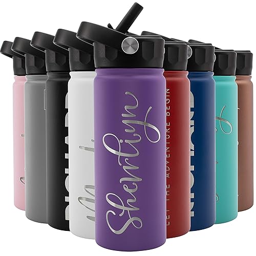 Amazing Items Personalized Water Bottle W Straw  Lid, 18 Oz - Purple  Custom Stainless Steel Sports Water Bottle W Name And Text