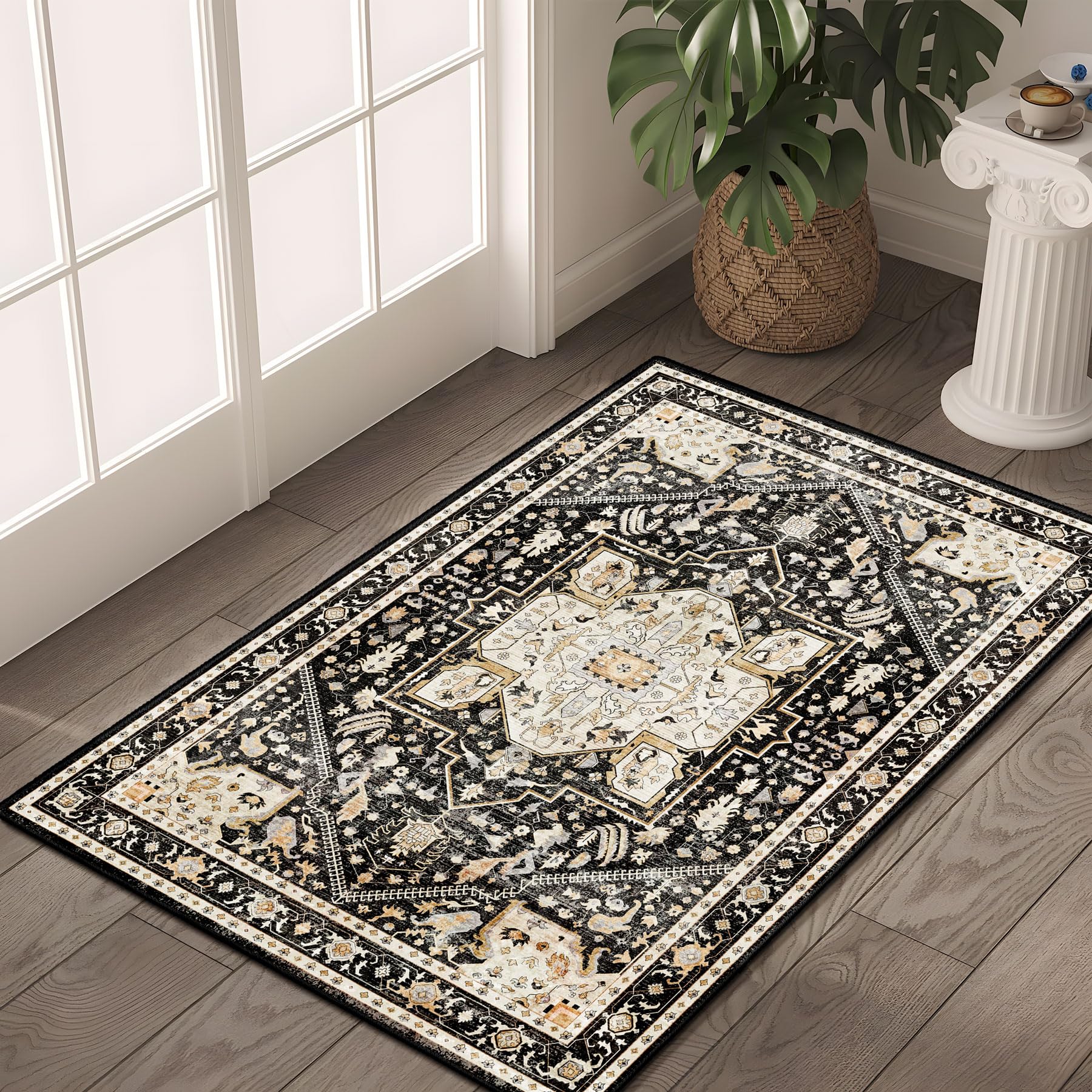 MUJOO Black Small Rug Washable,Boho Area Rugs for Bathroom Entryway Entry Entrance Bedroom,Front Door Mat Soft Carpet Indoor Vin