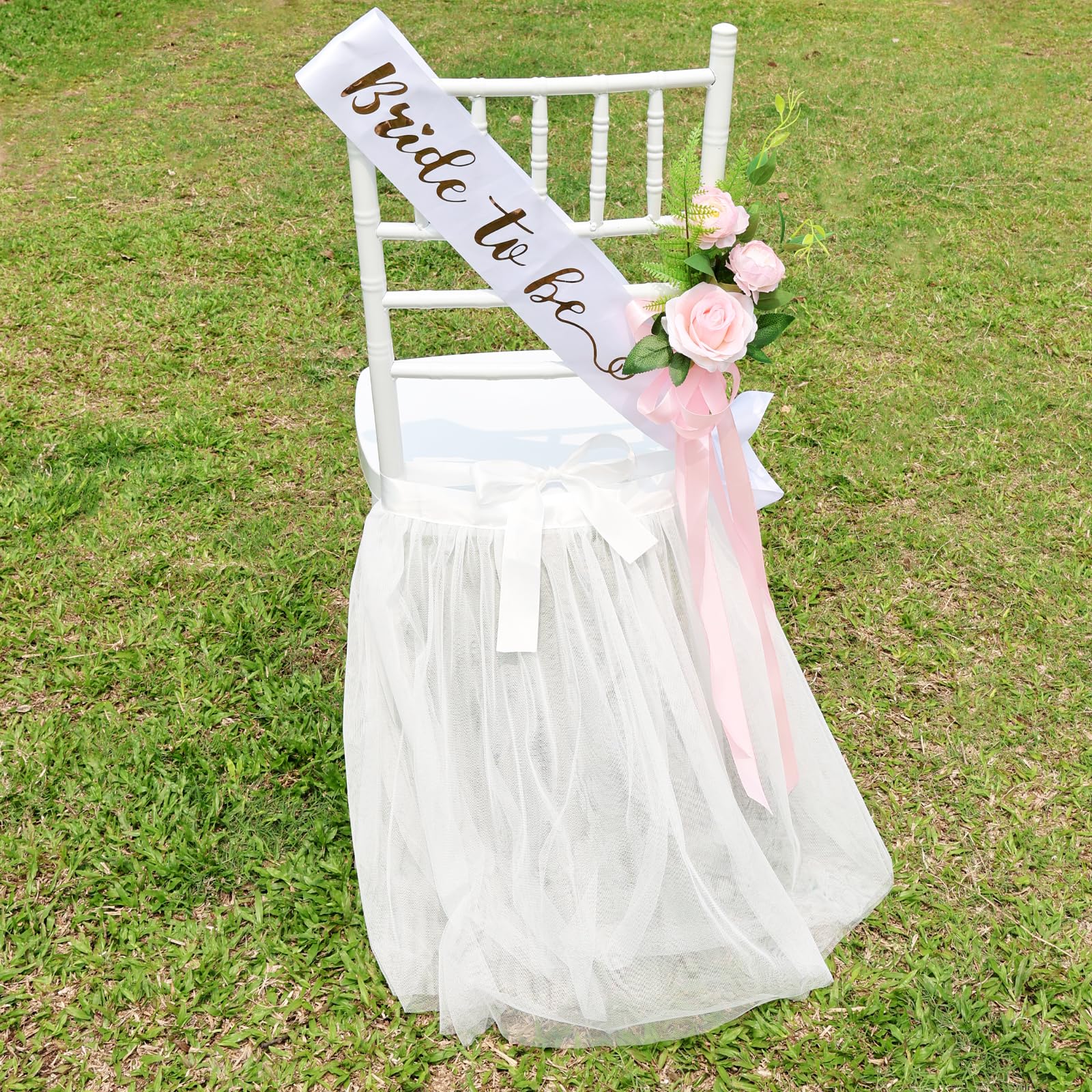 Chair Tulle Tutu Decoration With Sash For Bridal Shower, White Tulle Chair Skirt Fluffy Bridal Chair Decor For Wedding Bridal Sh