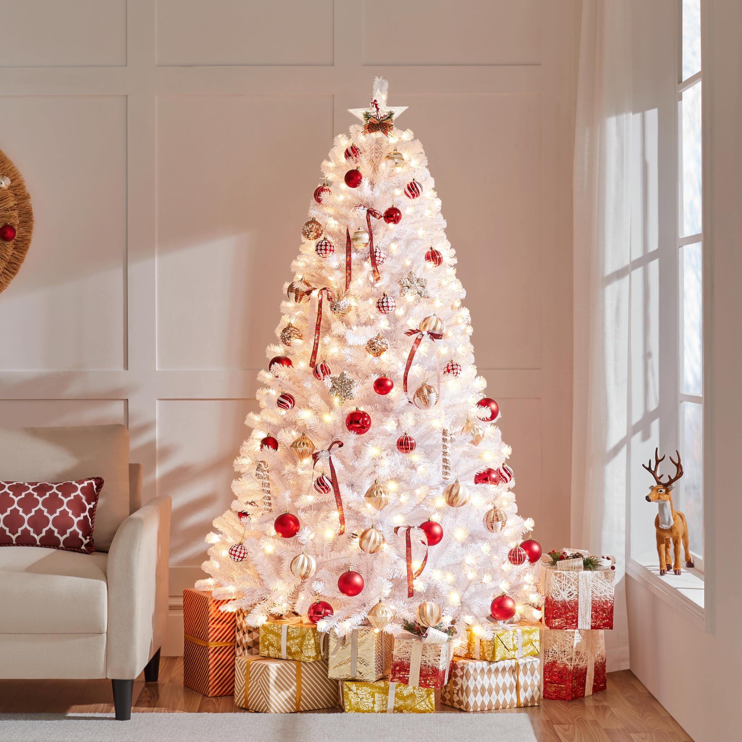 Yaheetech 6ft Pre-lit Spruce Artificial Hinged Christmas Pine Tree Prelighted Holiday Xmas Tree for Home Party Decoration with 3