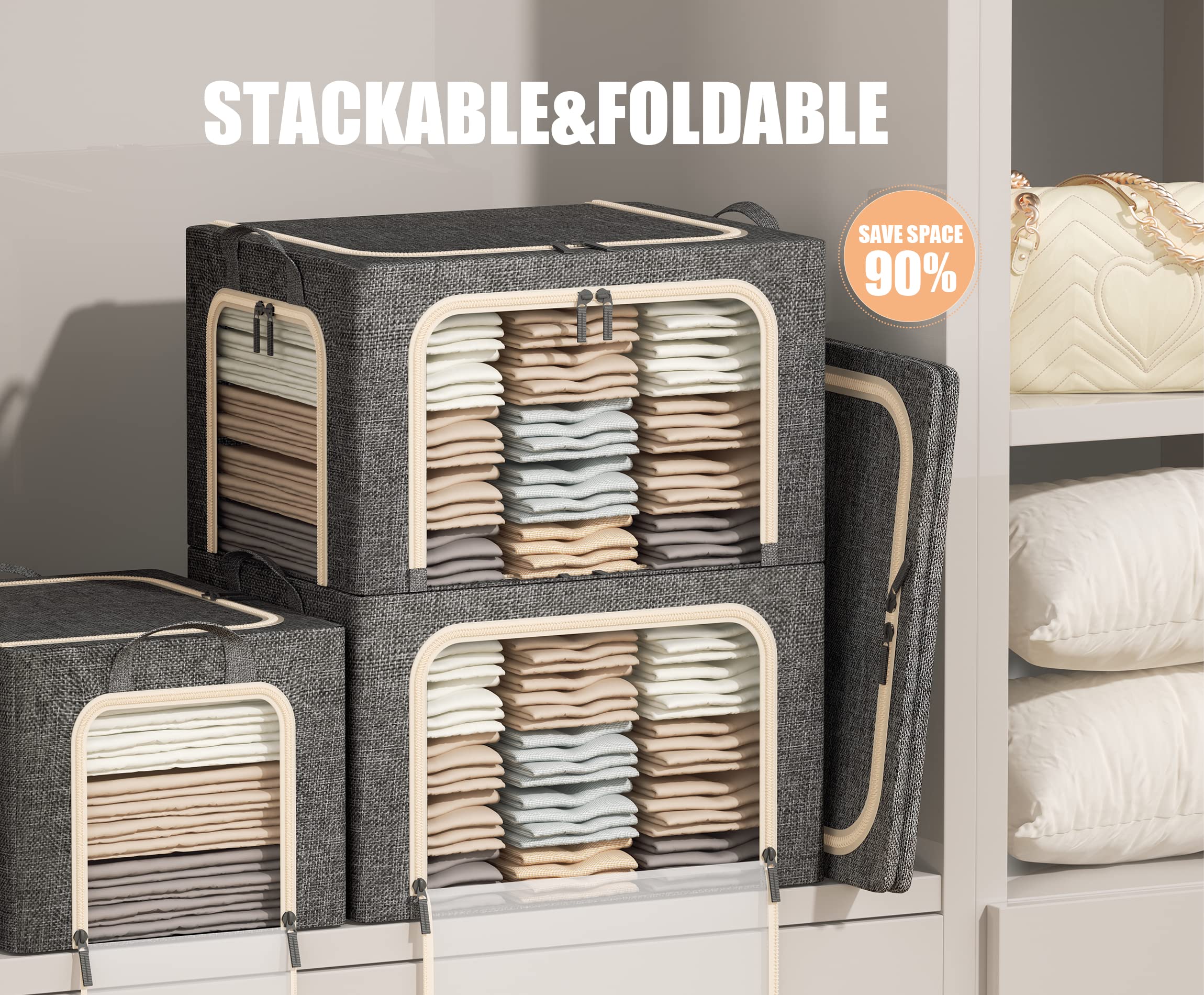 3 Openings Clothes Storage Bins with Metal Frame, Foldable Storage Bin for Clothes, Clothing Storage Bins with Lid, Linen Storag