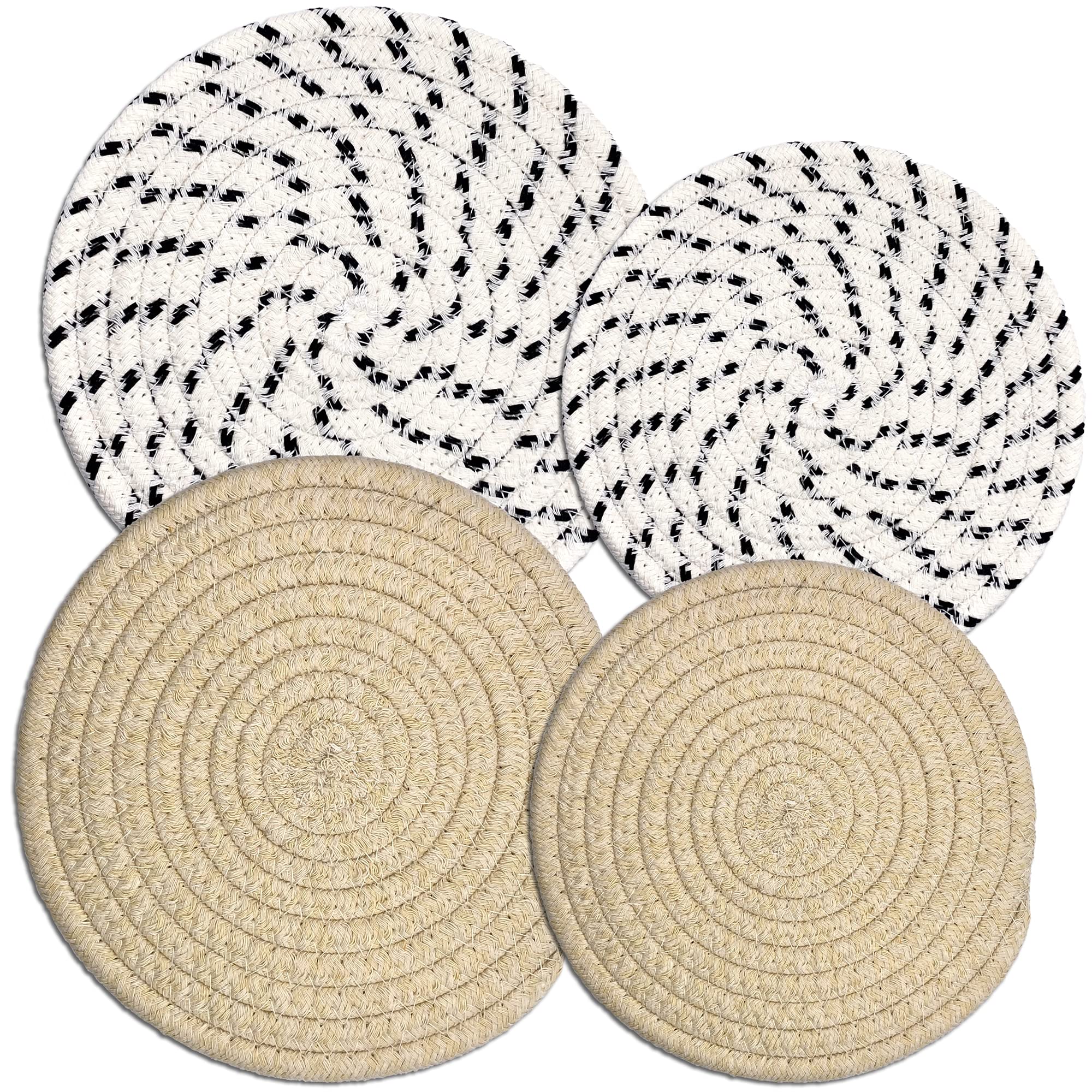 Potholders Set Trivets Set Of 4[Two 9-Inch+Two 7-Inch] | 100% Eco Pure Cotton Thread Weave Trivets For Hot Pots And Pans | Hot C
