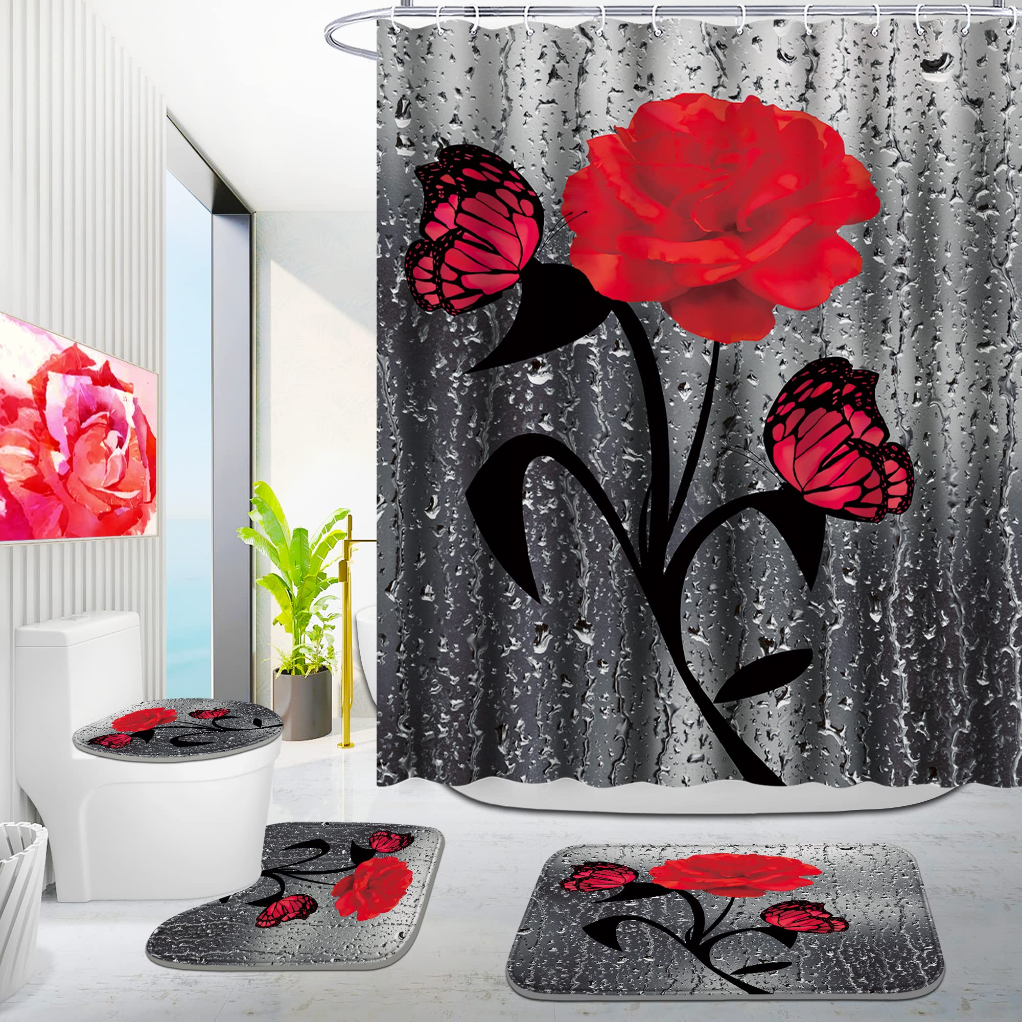 Poedist 4 Pcs Bathroom Shower Curtain Set,Red Rose Shower Curtain Valentine'S Day Shower Curtain Sets With Rugs(Bath Mat,U Shape