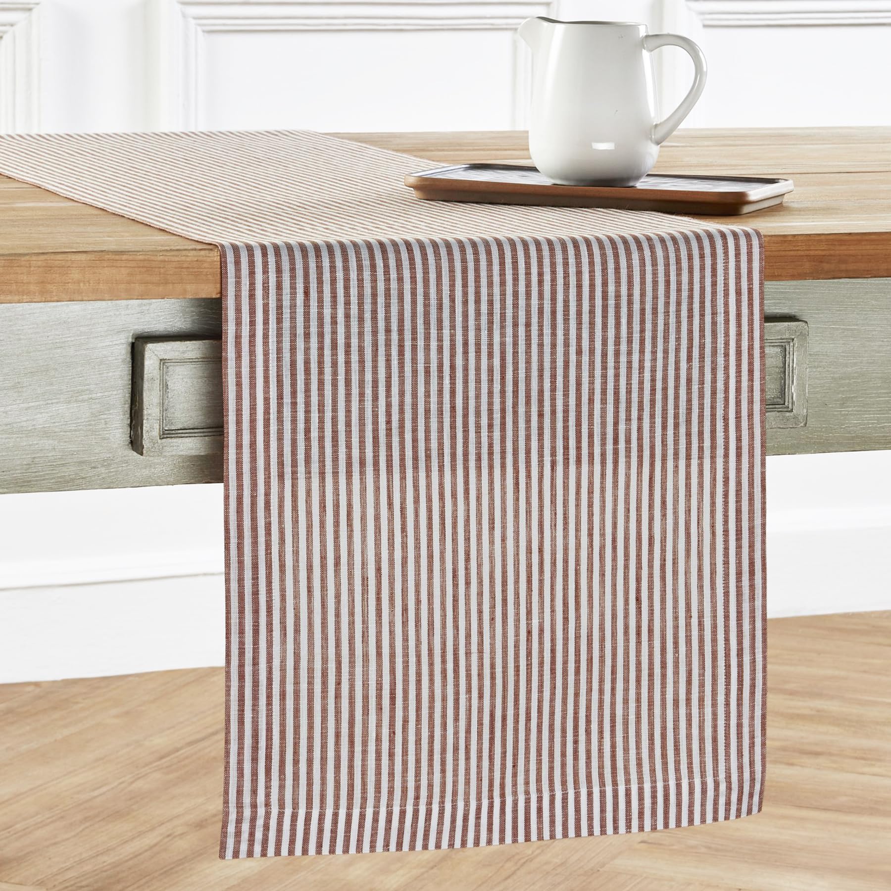 Solino Home Stripe Linen Table Runner 108 Inches Long - 100% Pure Linen Cinnamon And White Dining Table Runner 14 X 108 Inch Ide