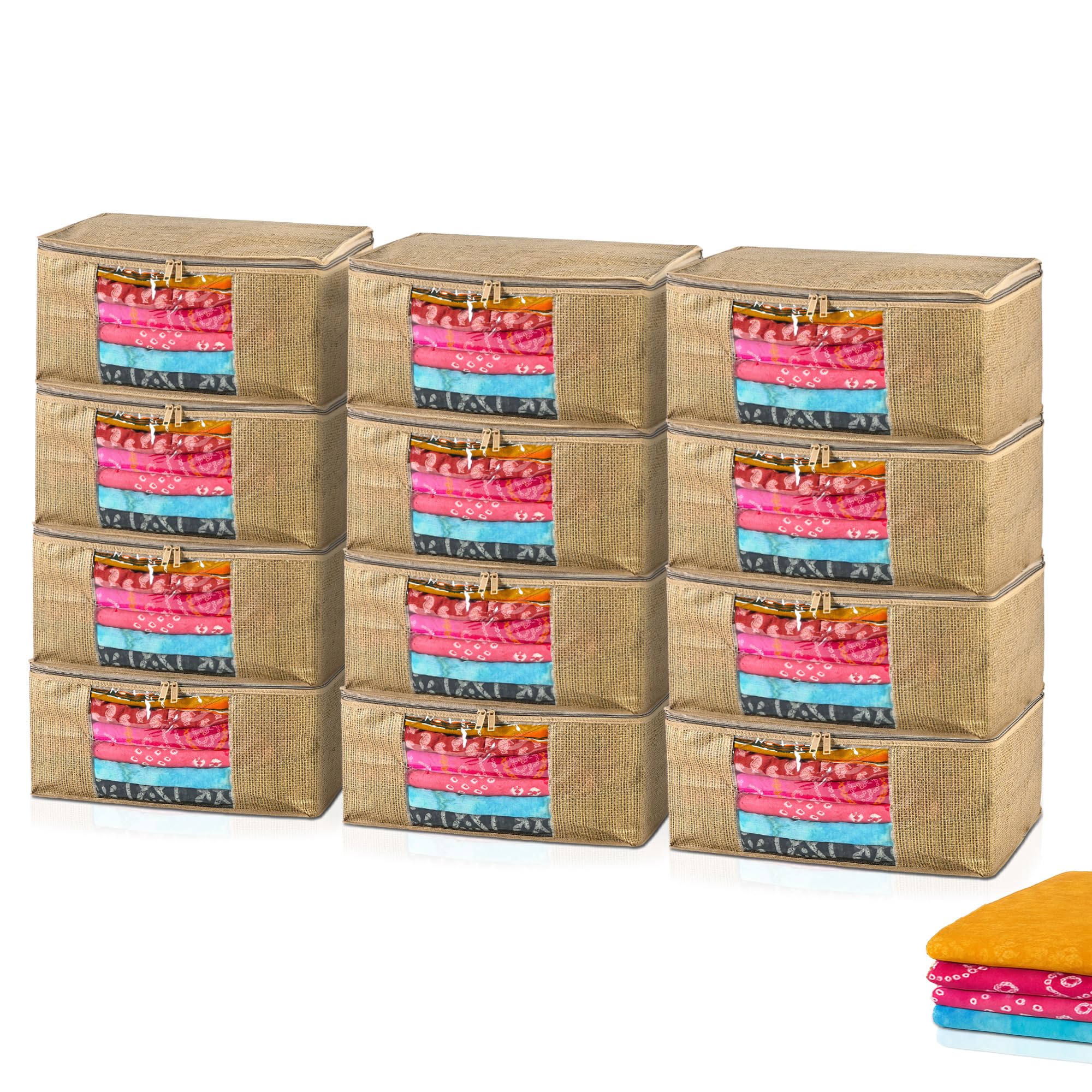 Kuber Industries 12 Pcs Non Woven 9 Inch Saree Covers For Storage With Zip Transparent | Saree Organiser For Wardrobe & Suitcase