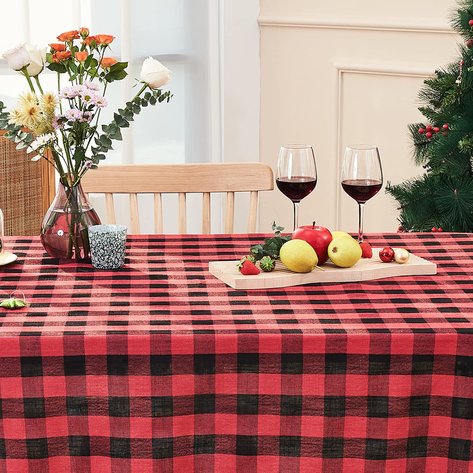 Midsummer Breeze Buffalo Plaid Square Tablecloth-Cotton Gingham Table Cloth for Kitchen Restaurant Farmhouse Christmas Holiday Decor (55x55 Inch Red and Black)