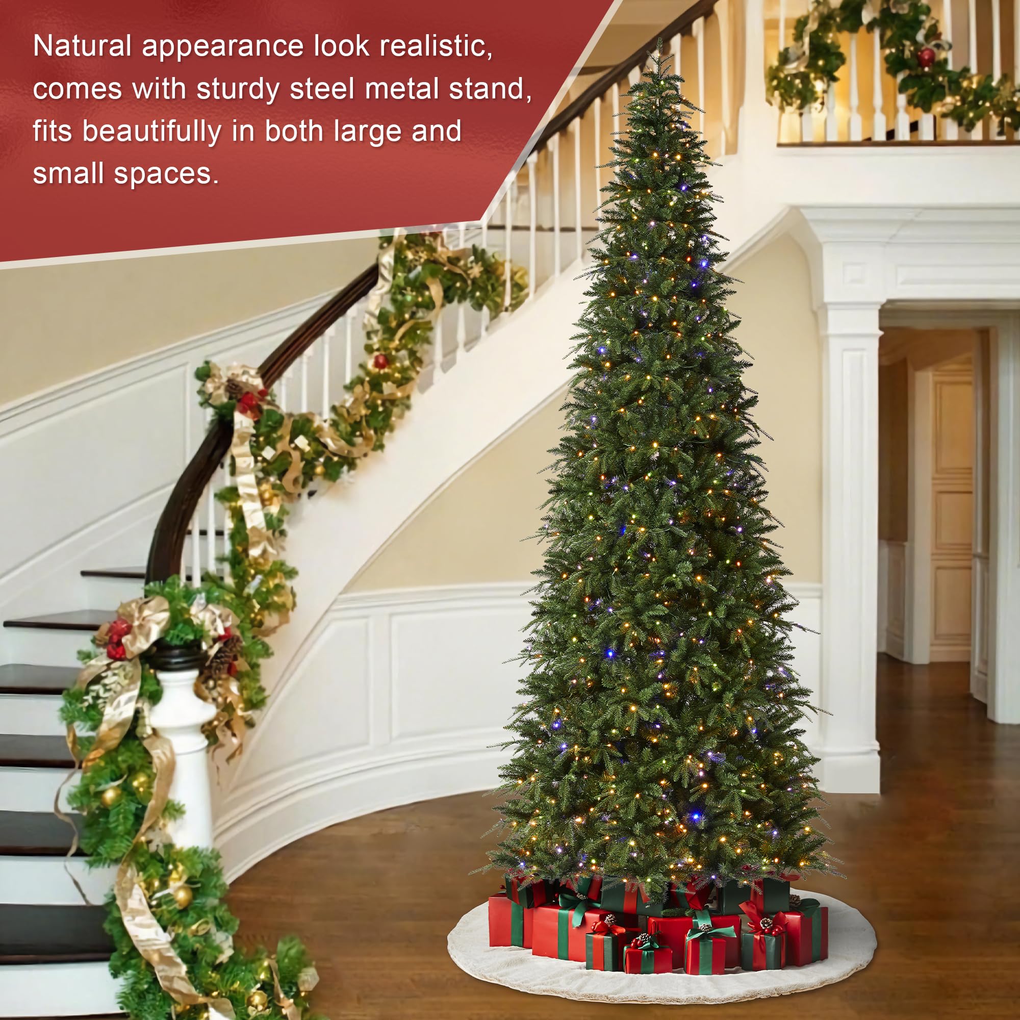 Glitzhome 11ft Pre-Lit Christmas Tree,Hinged Slim Artificial Xmas Tree,Radiant Evergreen Fir with 850 Warm White/Multi-Color LED