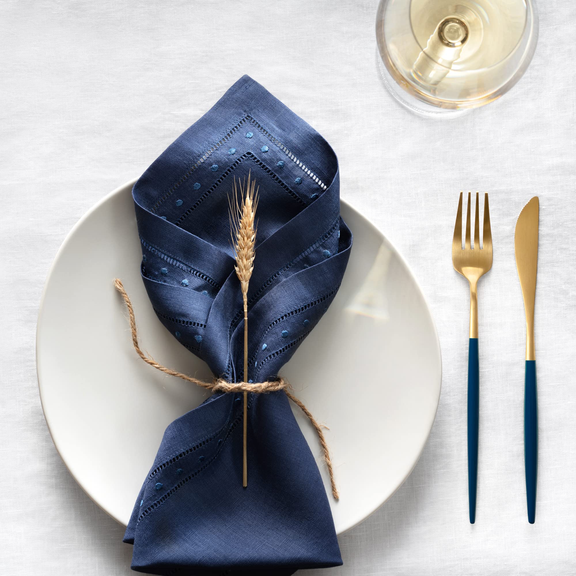 Linen Napkins Set Of 4-100% Pure Linen Navy Blue Dinner Napkins With Embroidered Dot 18 X 18 Inch - Hemstitch Cloth Napkins Wash