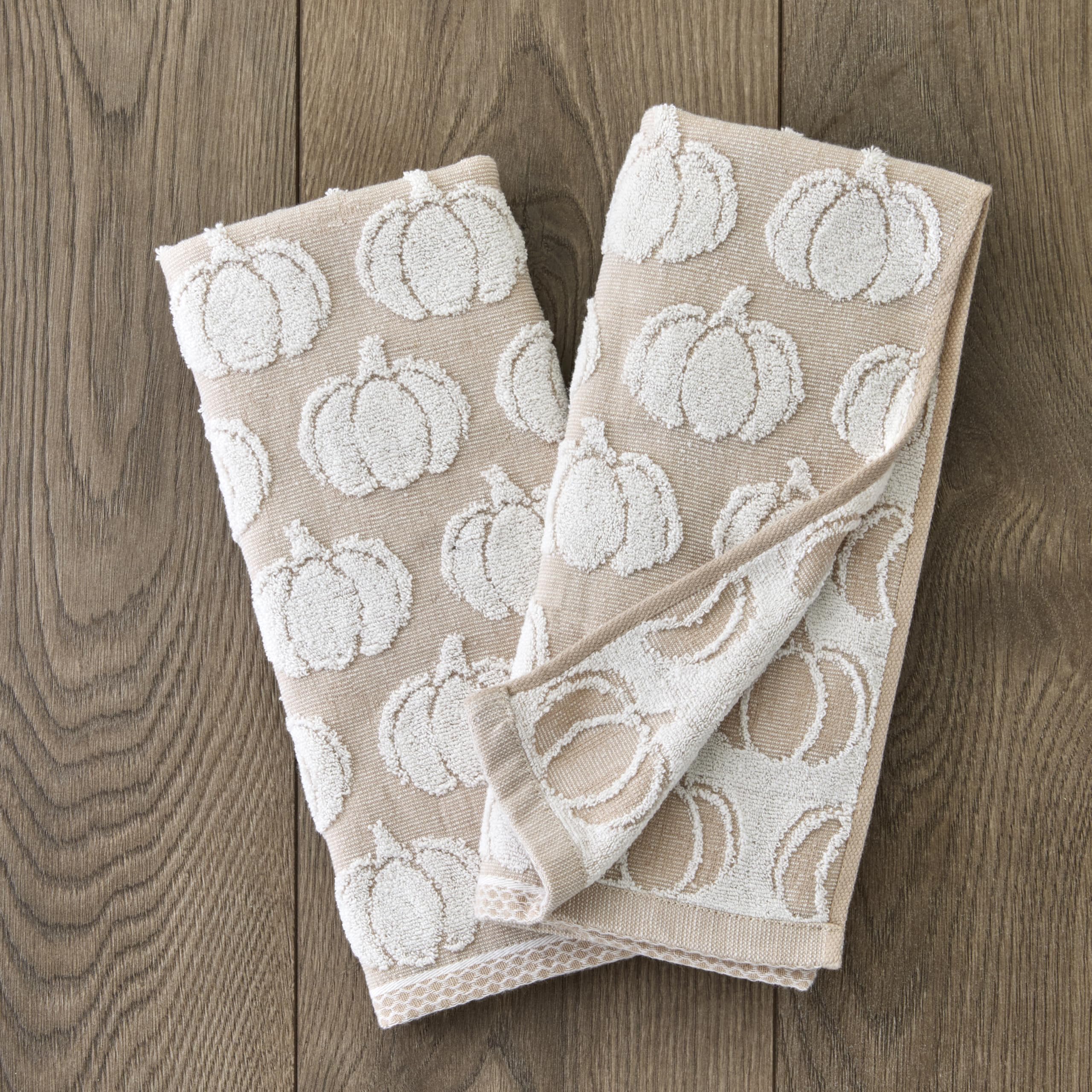 SKL Home Autumn/Fall/Thanksgiving Pumpkin Jacquard 100% Cotton Reversible 2pc Hand Towel Set, Soft & Absorbent, Decorative for B