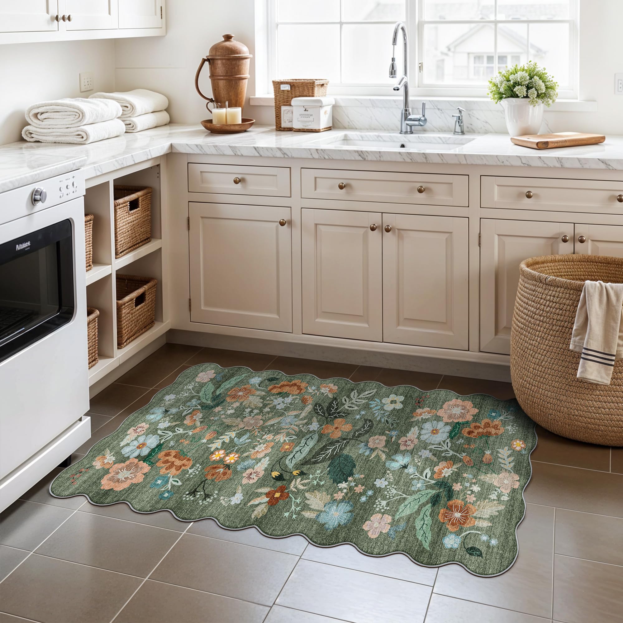 Washable Floral 2x4 Area Rug: Indoor Soft Scalloped Carpet for Entryway Kitchen Non-Slip Water Resistant Bathroom Laundry Floor