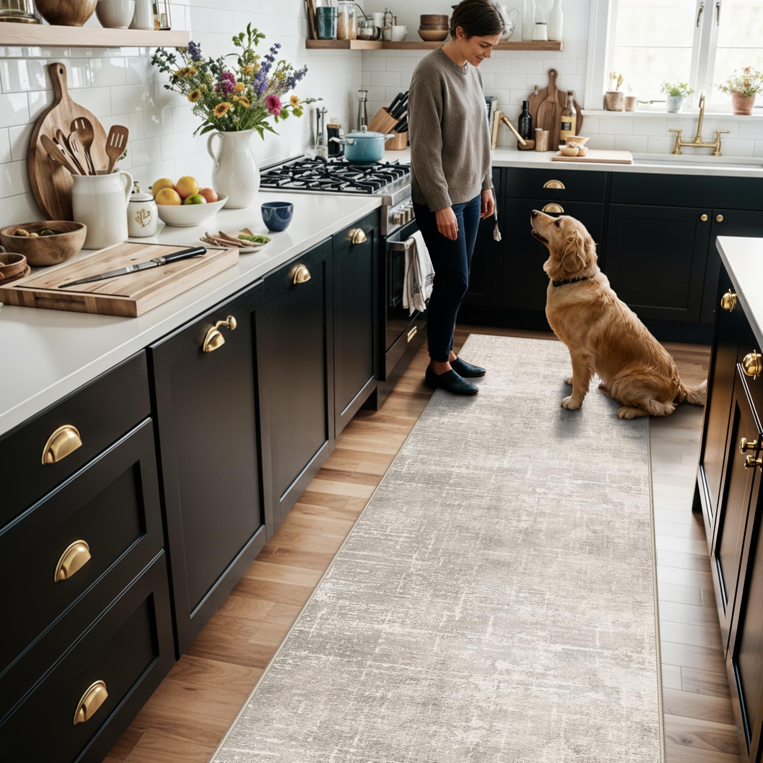 Hallway 2x8 Washable Runner Rug: Abstract Stain Resistant Entryway Kitchen Area Rugs Farmhouse Soft Bathroom Bedroom Print Floor