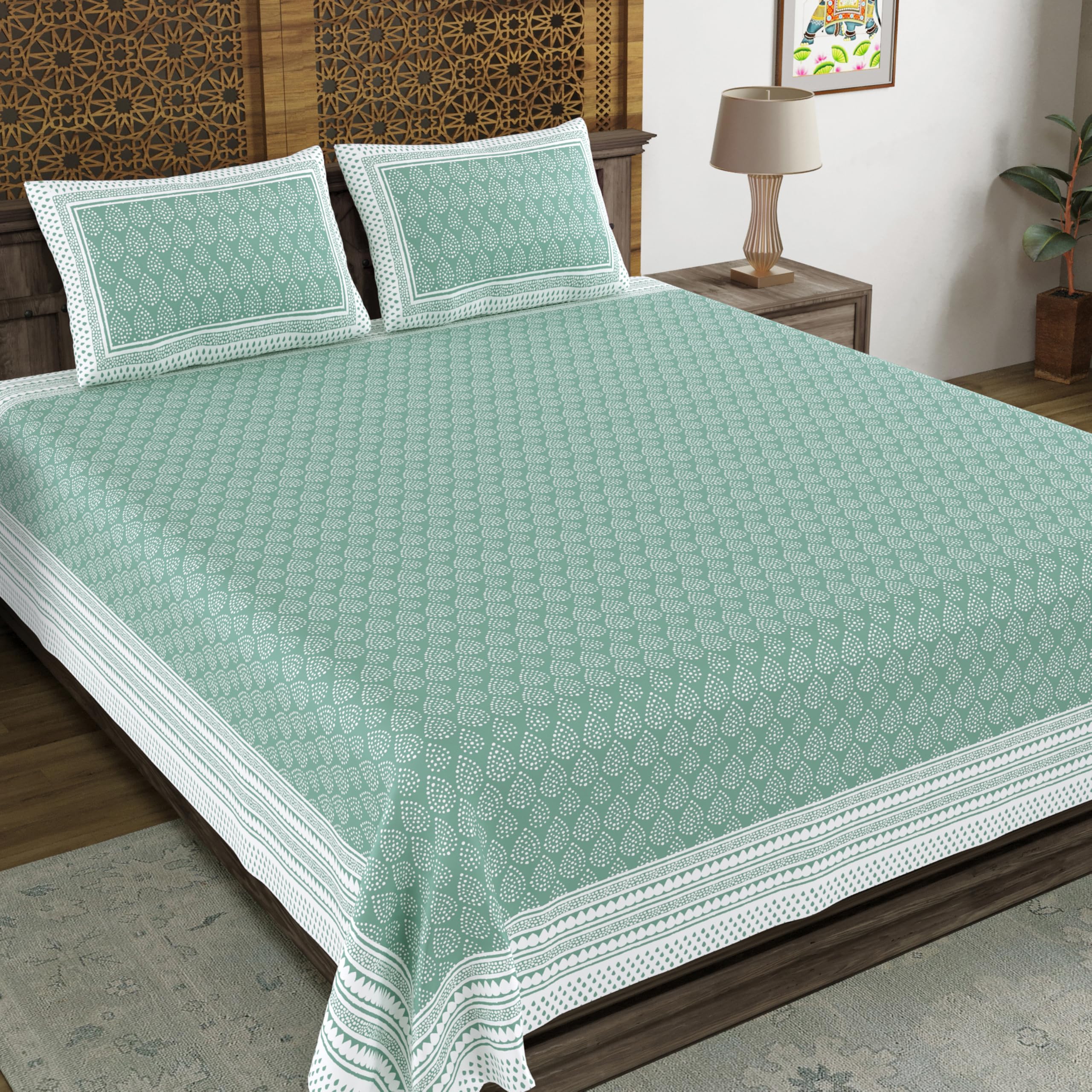 Blocks Of India Hand Block Printed 200 Tc Cotton Super King Size Bedsheet (Green Dot)