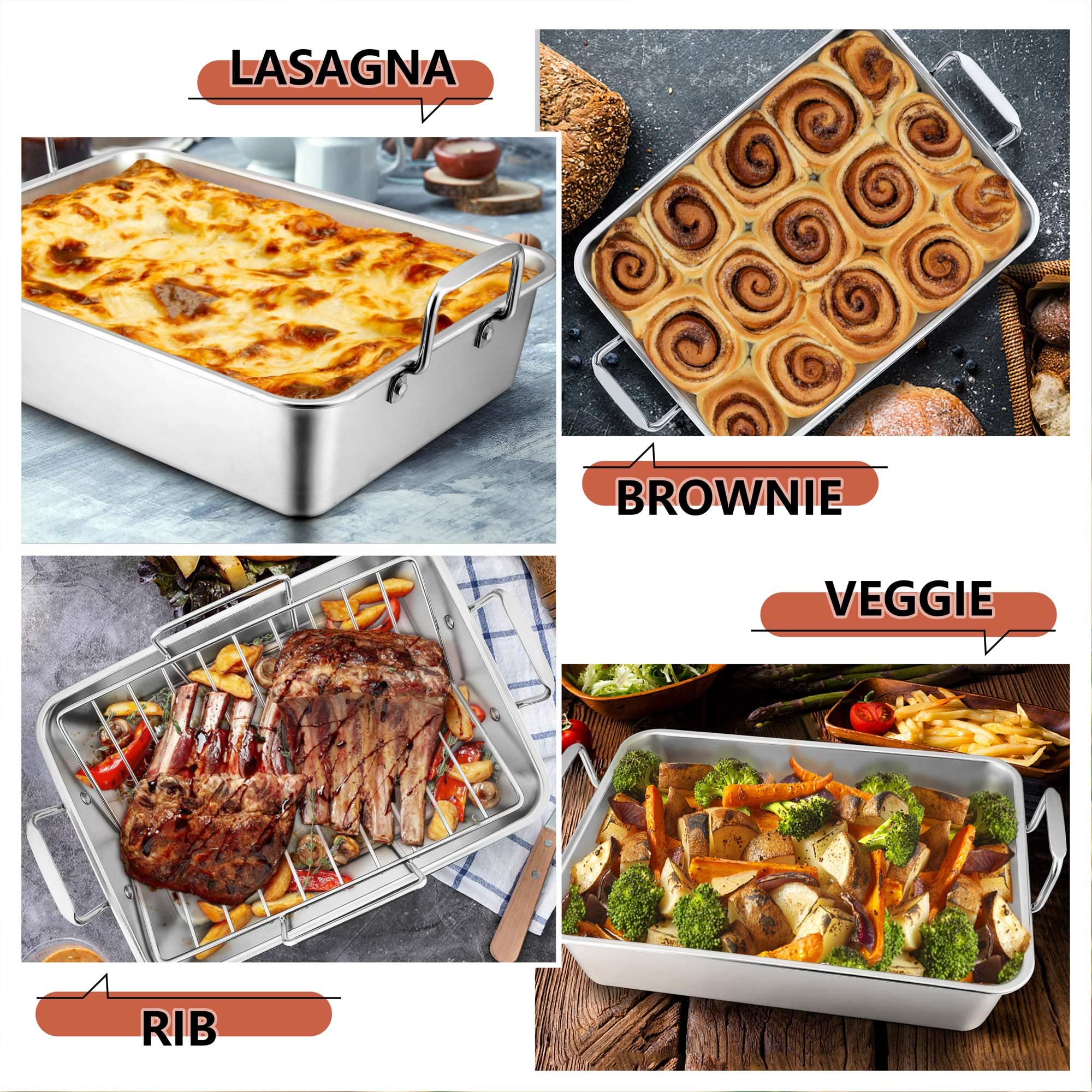 Lianyu 14 Inch Roasting Pan With Rack, Stainless Steel Turkey Roaster Pan With V-Shaped Rack And Baking Rack, Heavy Duty Roaster