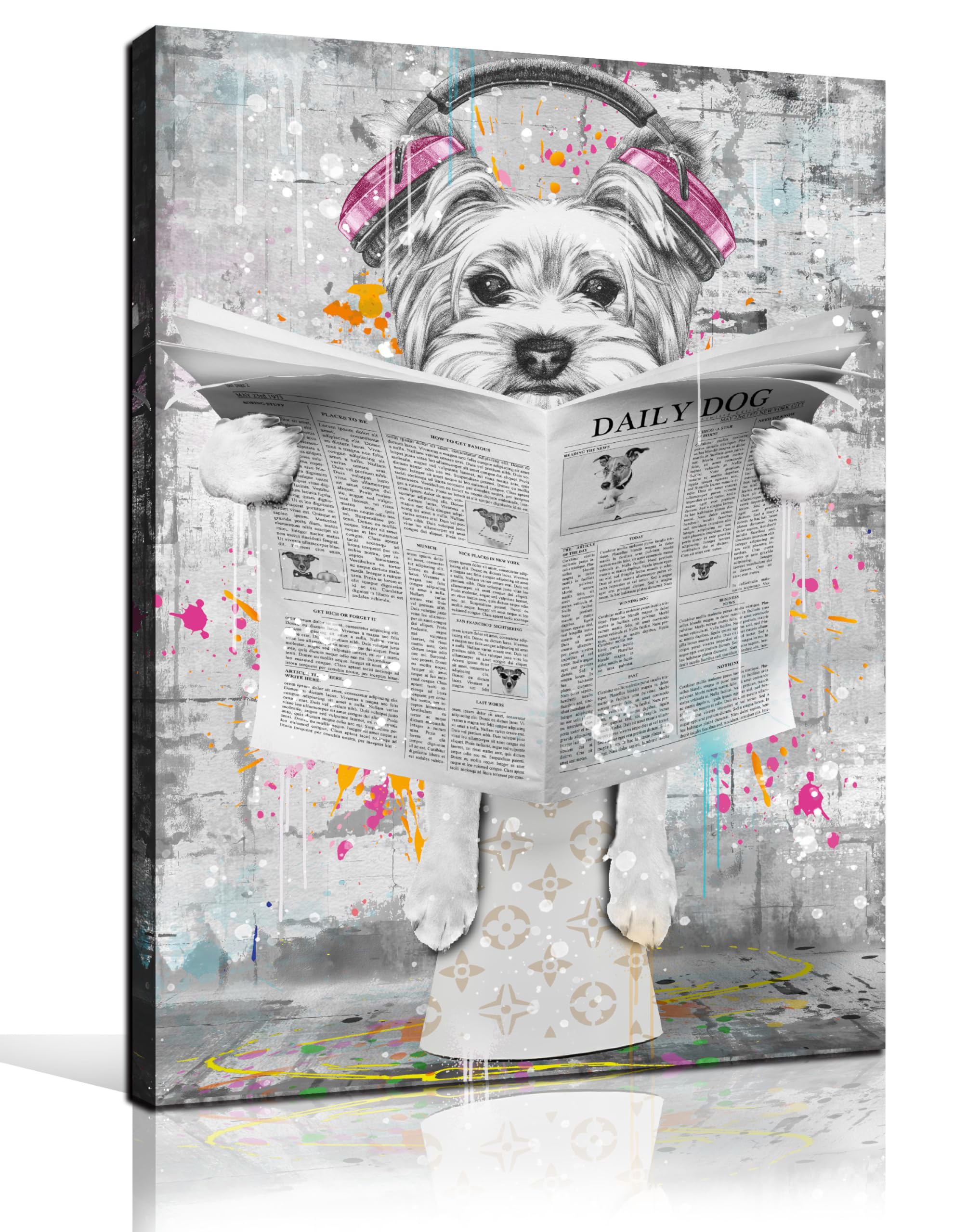 Entanub Bathroom Wall Art, Funny Graffiti Dog Canvas Print Painting For Bedroom, Black And White Picture Decor, Size 16X24 Inche